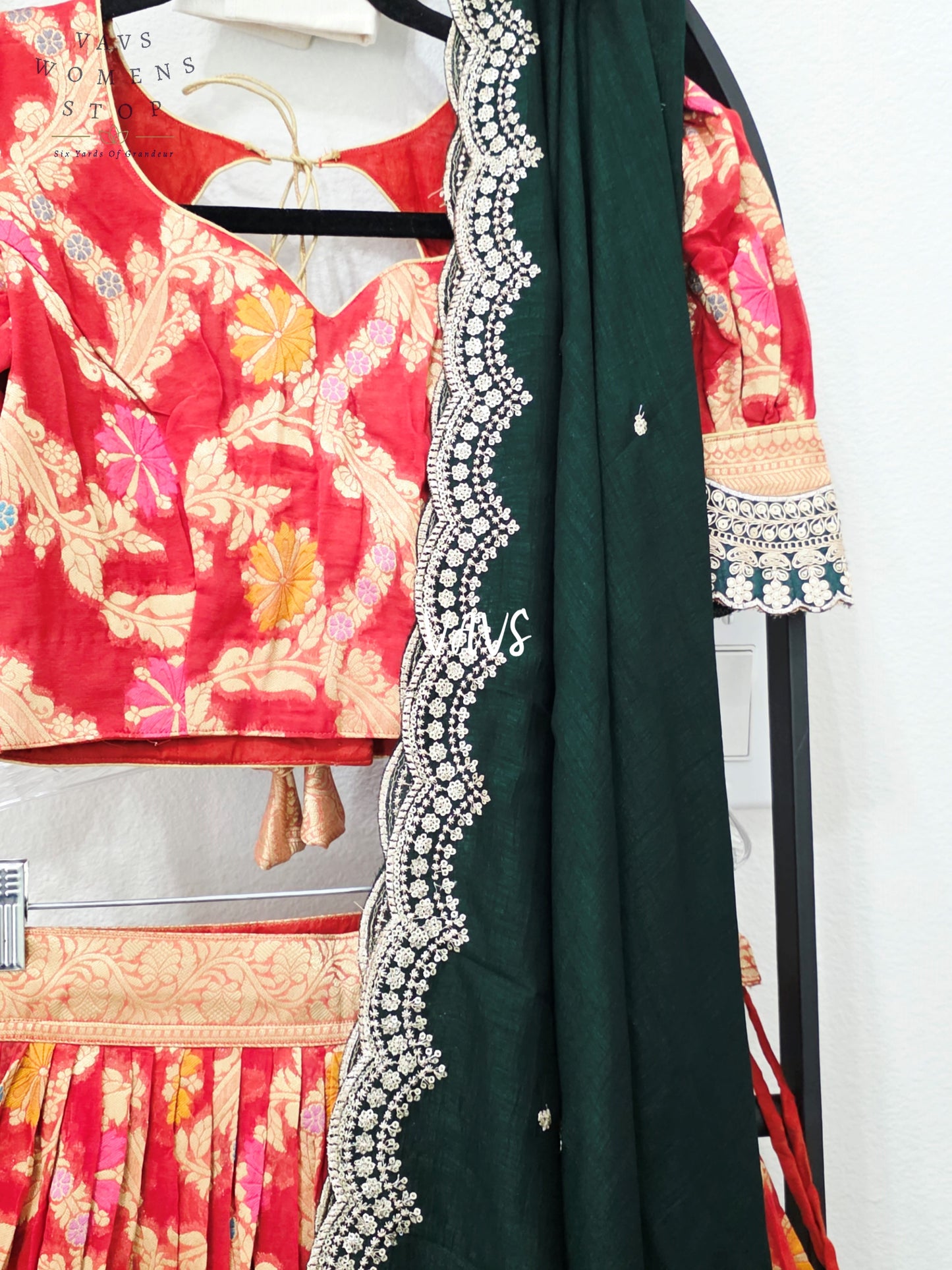 Royal Vermilion Red & Midnight Emerald Soft Viscose Meenakari Georgette Designer Lehenga Half Saree with Chiffon Silk Dupatta & Blouse 32-38