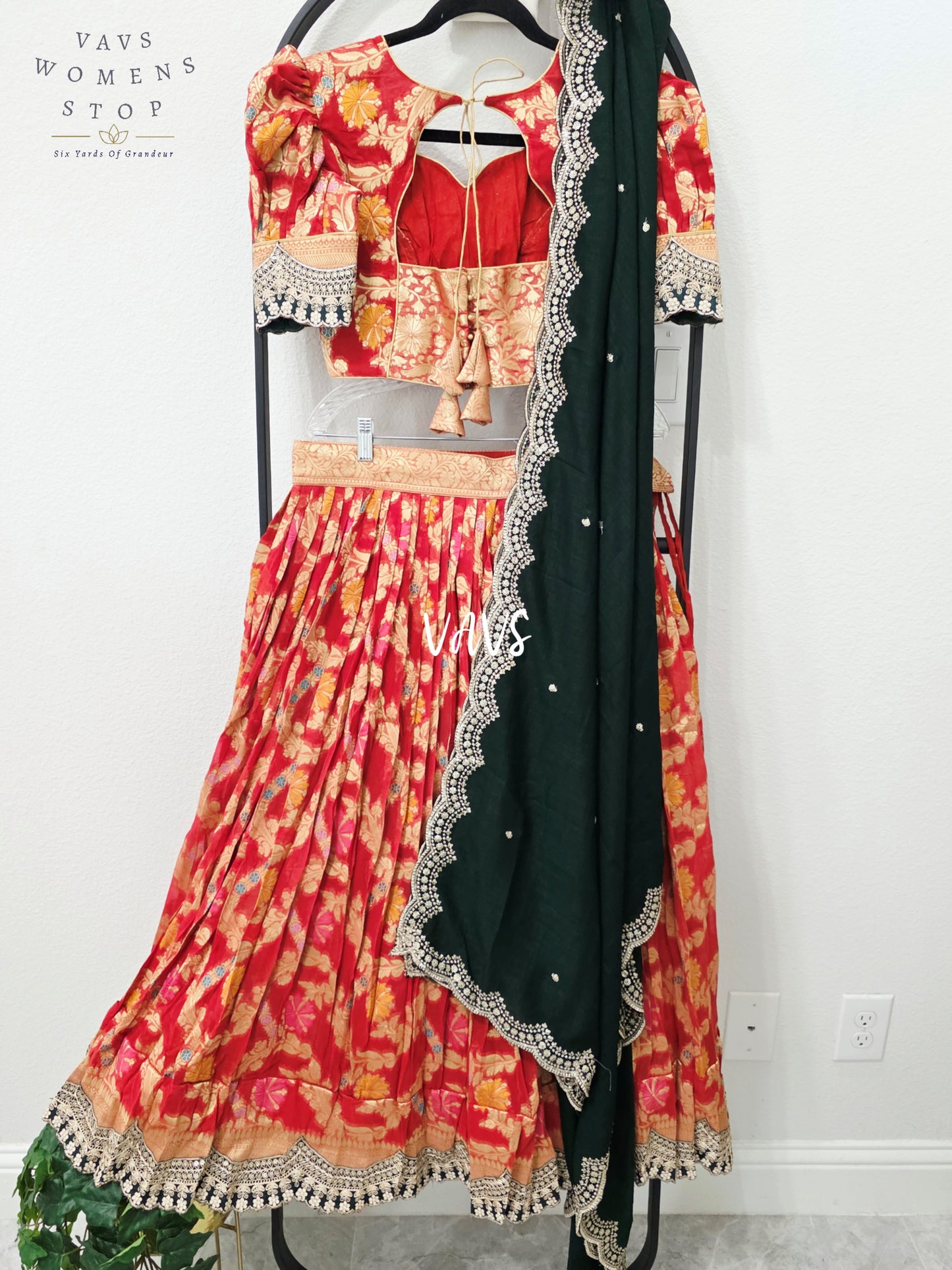 Royal Vermilion Red & Midnight Emerald Soft Viscose Meenakari Georgette Designer Lehenga Half Saree with Chiffon Silk Dupatta & Blouse 32-38