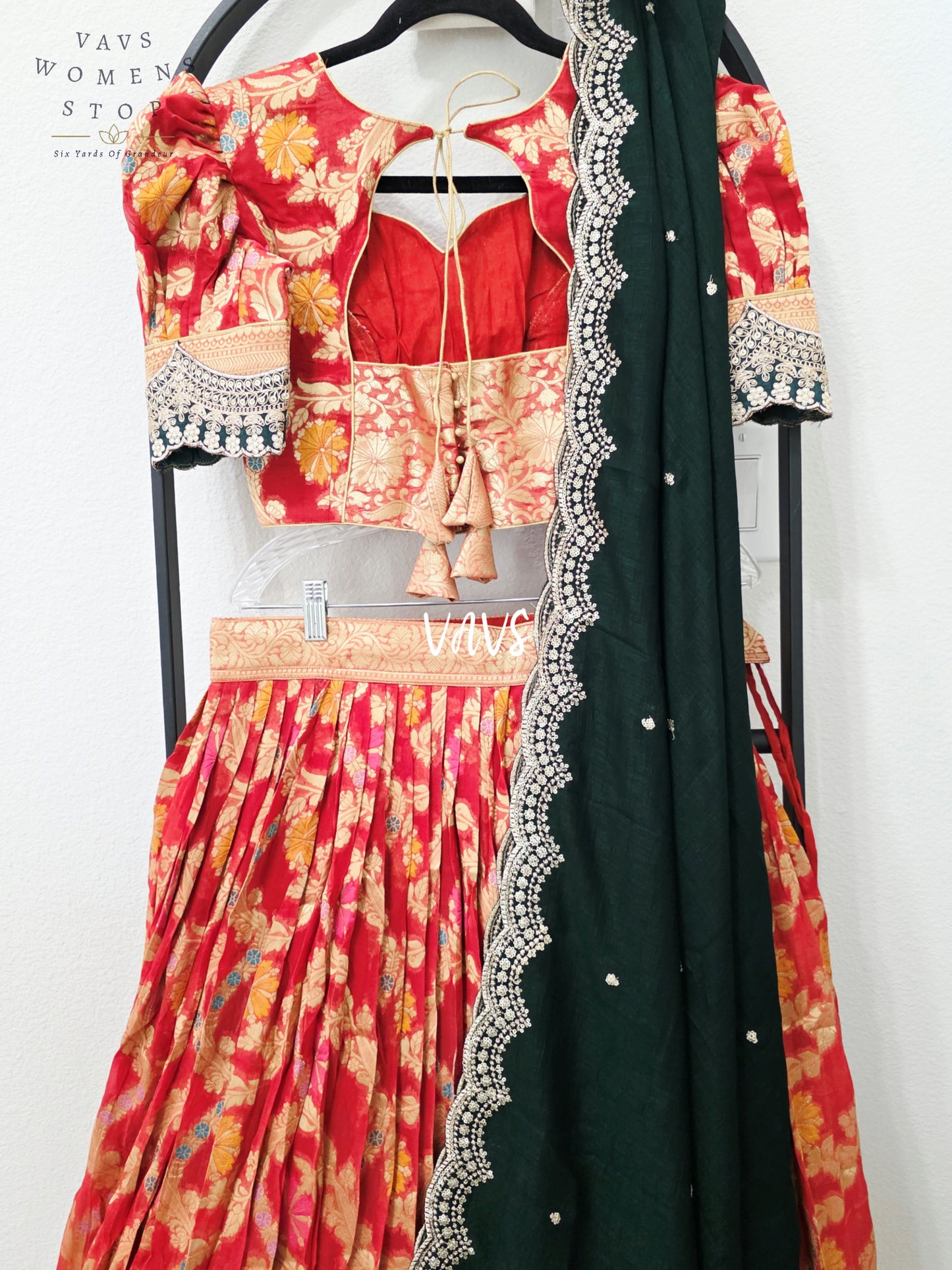 Royal Vermilion Red & Midnight Emerald Soft Viscose Meenakari Georgette Designer Lehenga Half Saree with Chiffon Silk Dupatta & Blouse 32-38