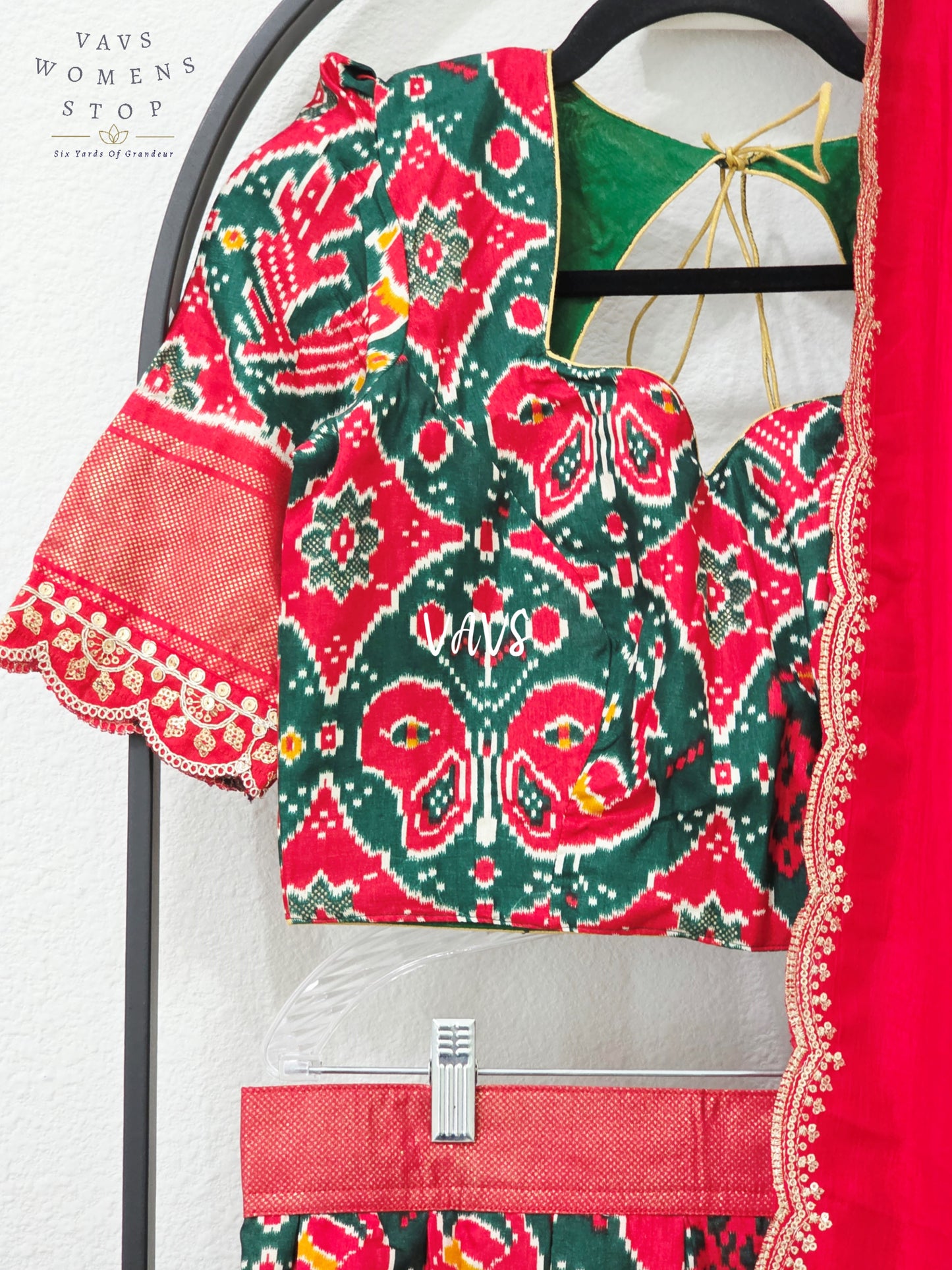 Regal Bottle Green & Ruby Red Munga Benarasi Patola Half Saree Set with Chiffon Dupatta | Blouse 34-40