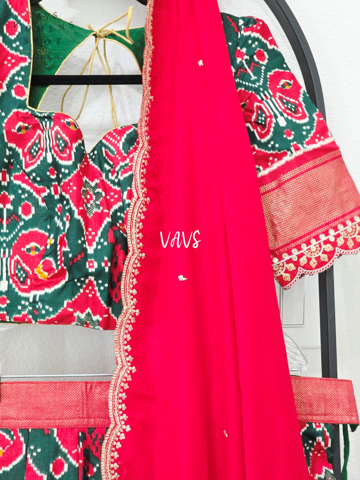 Regal Bottle Green & Ruby Red Munga Benarasi Patola Half Saree Set with Chiffon Dupatta | Blouse 34-40