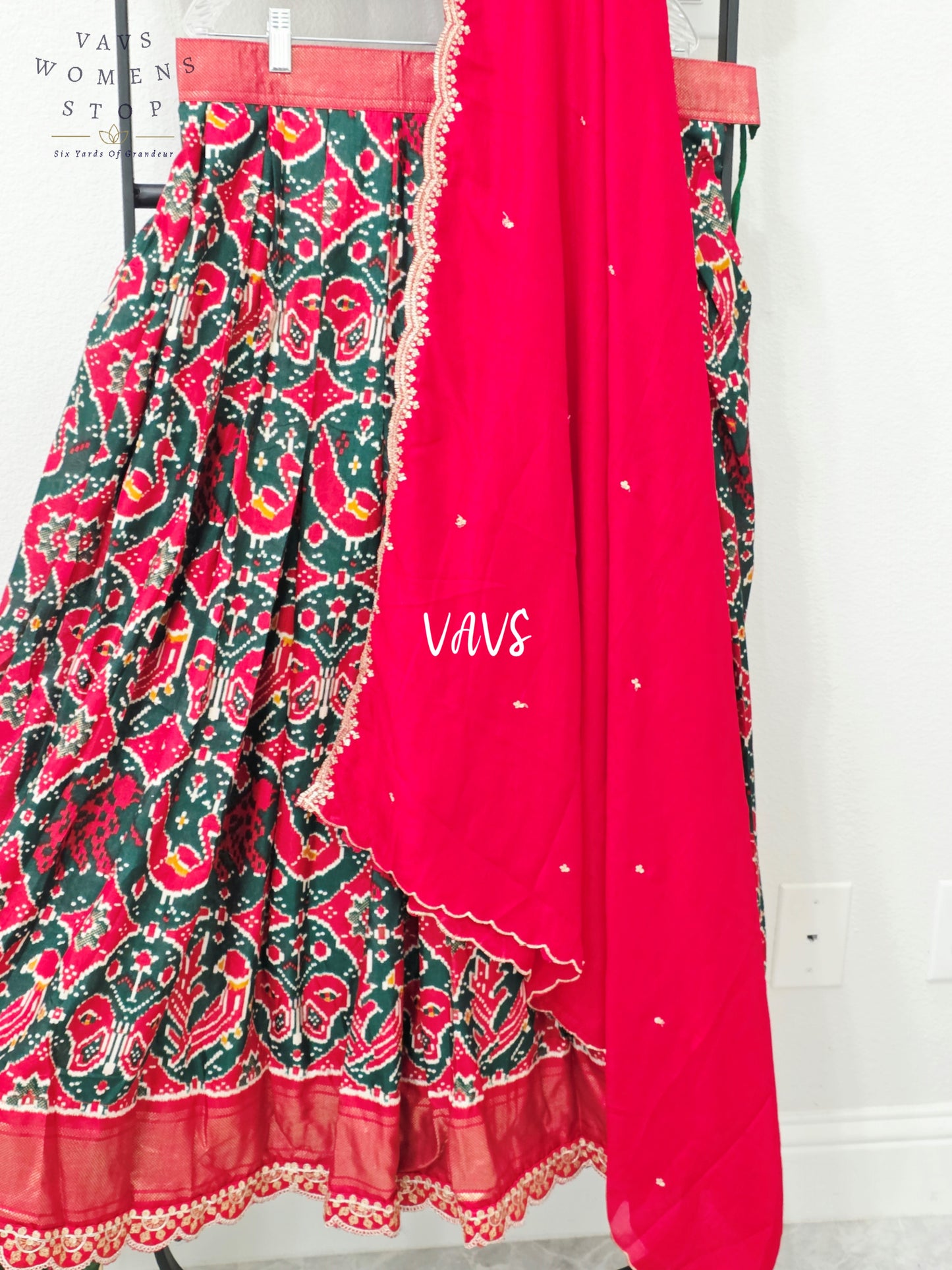Regal Bottle Green & Ruby Red Munga Benarasi Patola Half Saree Set with Chiffon Dupatta | Blouse 34-40