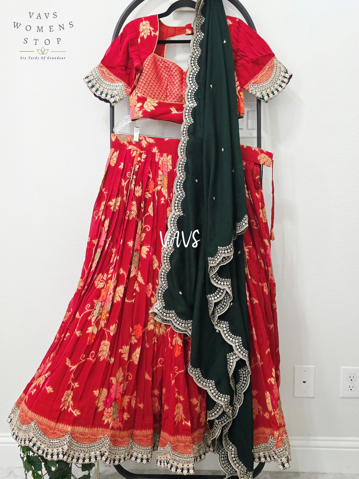 Royal Crimson Red & Emerald Black Soft Viscose Meenakari Georgette Designer Lehenga Half Saree with Chiffon Silk Dupatta & Blouse 38-44