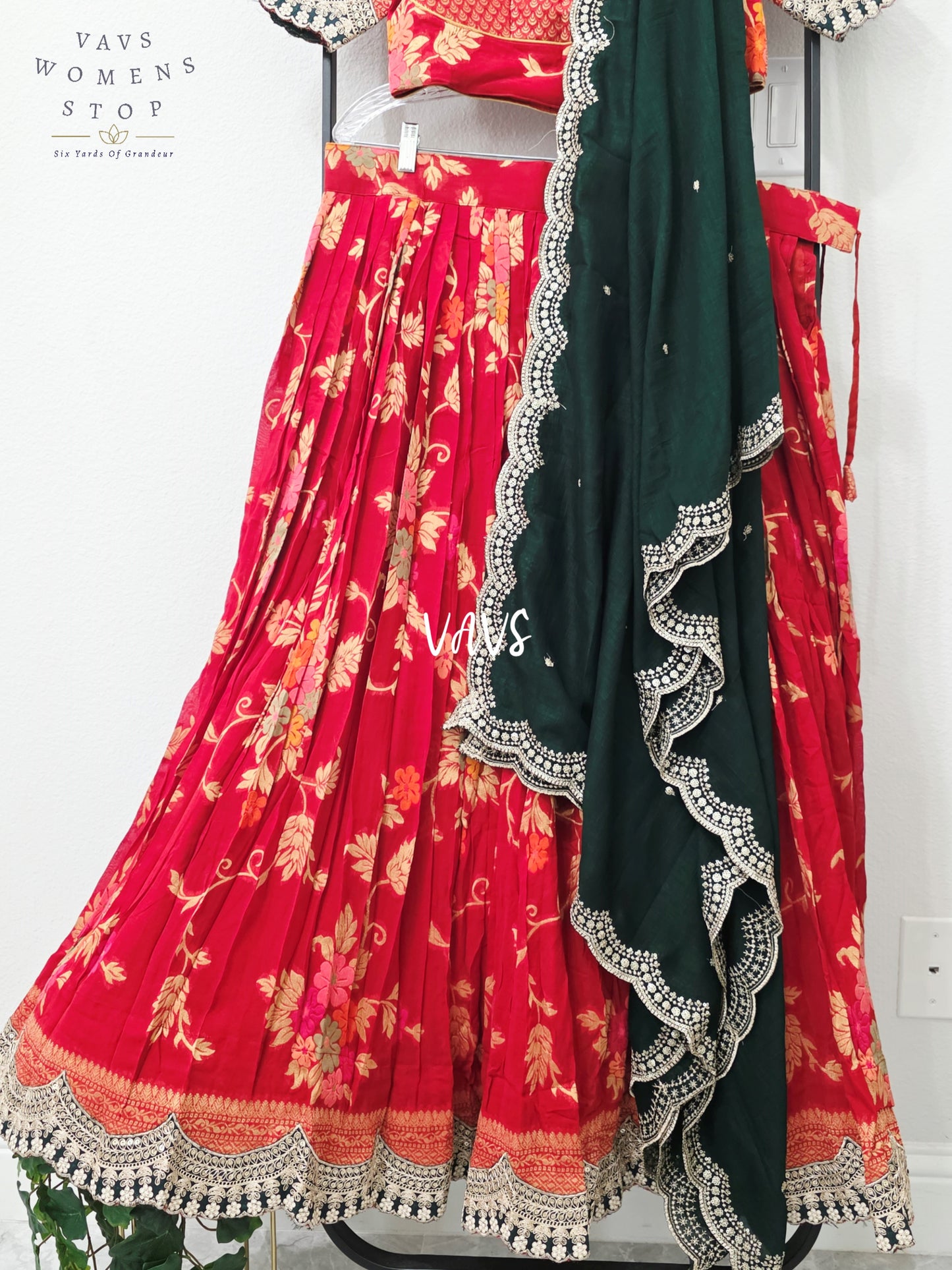 Royal Crimson Red & Emerald Black Soft Viscose Meenakari Georgette Designer Lehenga Half Saree with Chiffon Silk Dupatta & Blouse 38-44