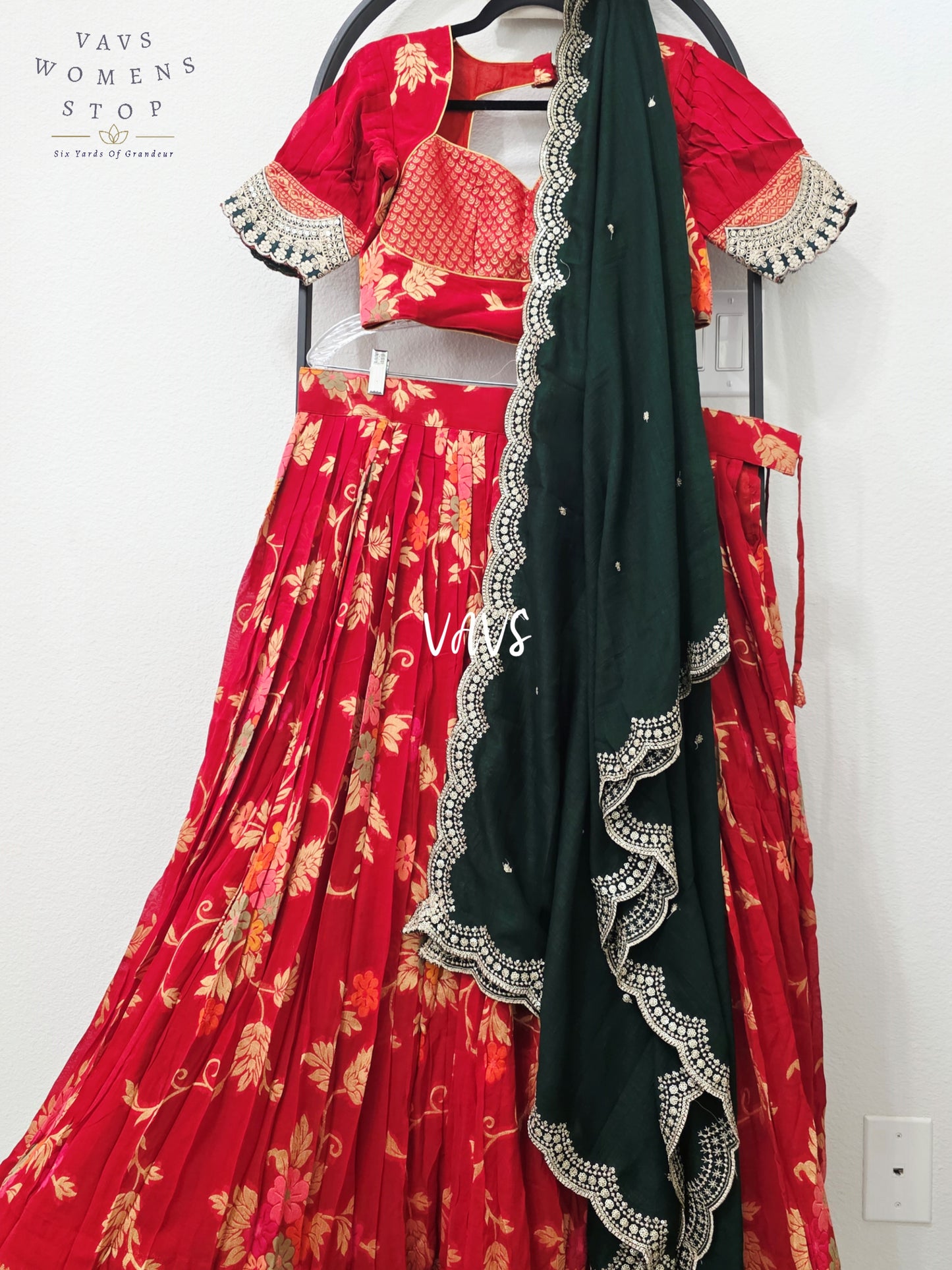 Royal Crimson Red & Emerald Black Soft Viscose Meenakari Georgette Designer Lehenga Half Saree with Chiffon Silk Dupatta & Blouse 38-44