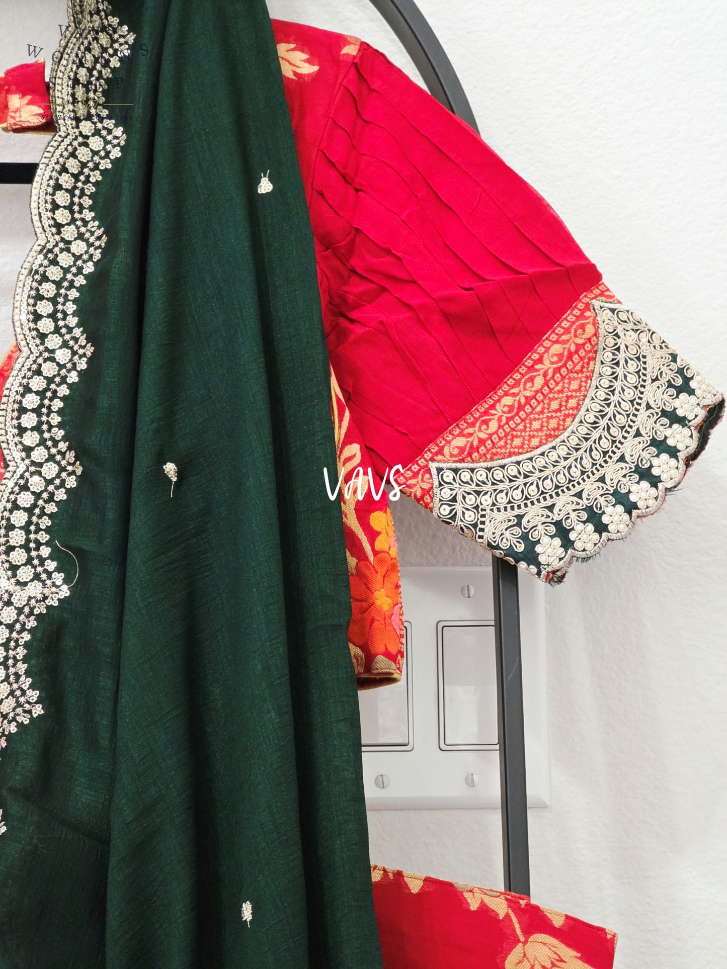 Royal Crimson Red & Emerald Black Soft Viscose Meenakari Georgette Designer Lehenga Half Saree with Chiffon Silk Dupatta & Blouse 38-44