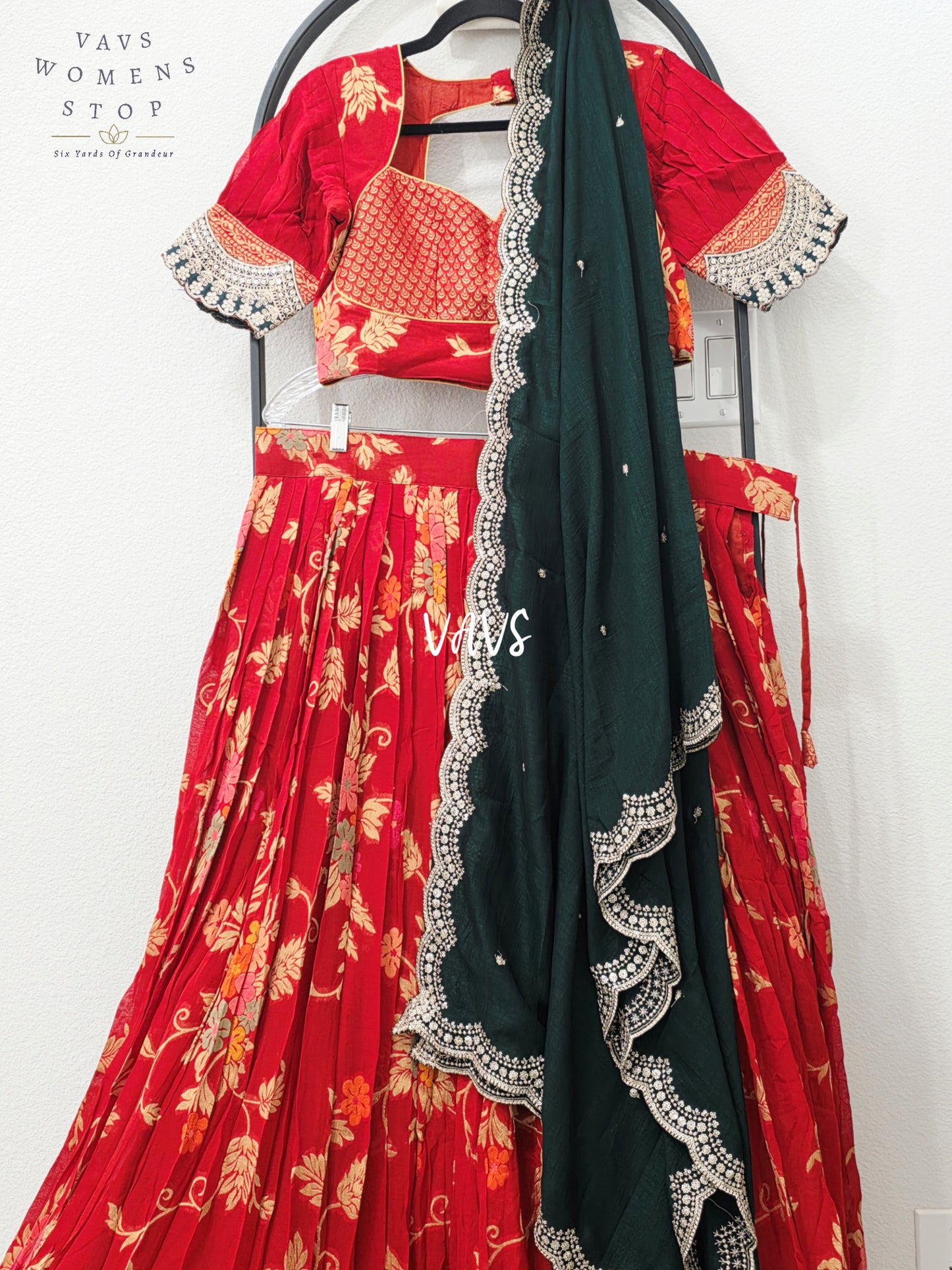 Royal Crimson Red & Emerald Black Soft Viscose Meenakari Georgette Designer Lehenga Half Saree with Chiffon Silk Dupatta & Blouse 38-44