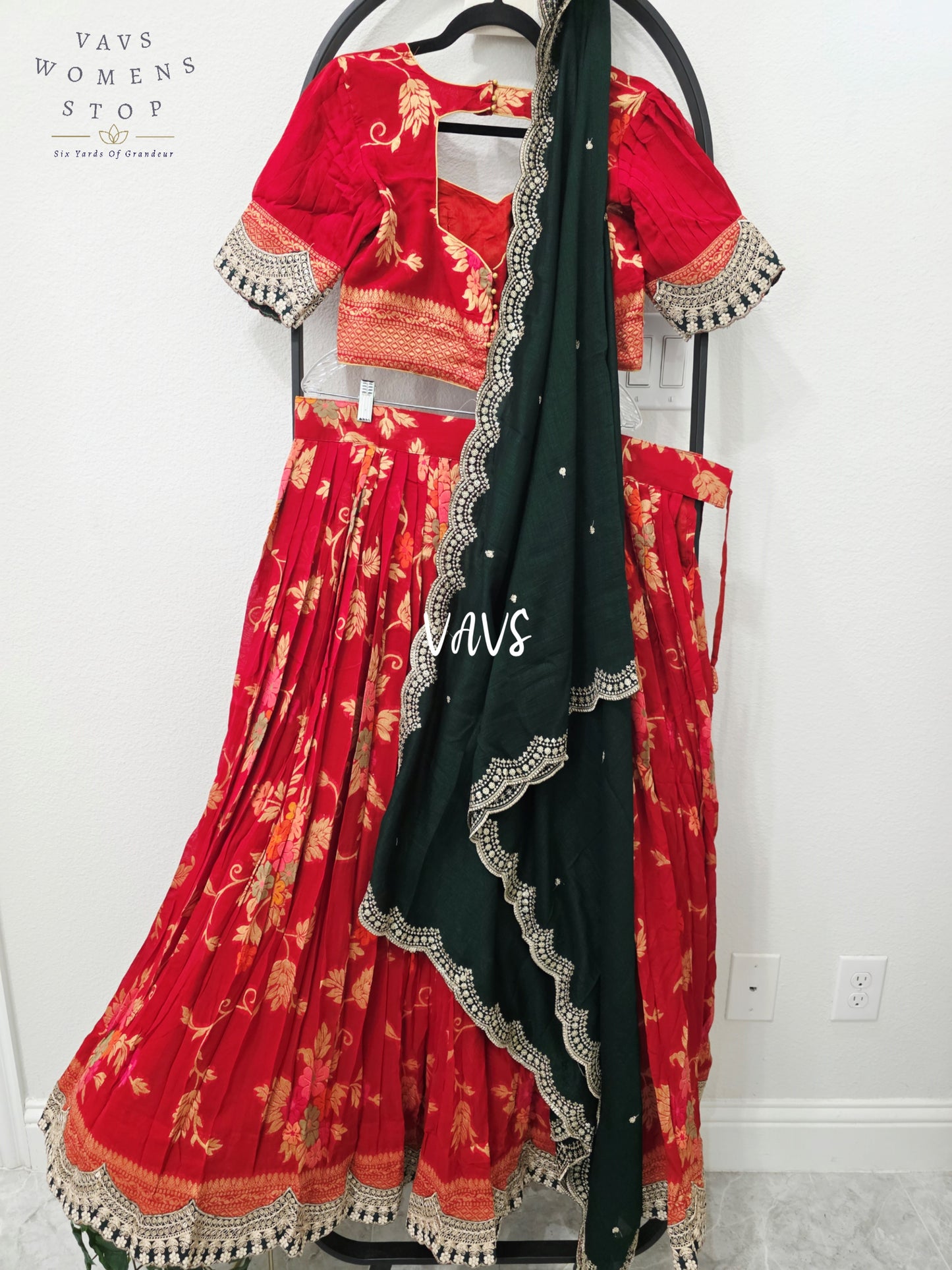 Royal Crimson Red & Emerald Black Soft Viscose Meenakari Georgette Designer Lehenga Half Saree with Chiffon Silk Dupatta & Blouse 38-44
