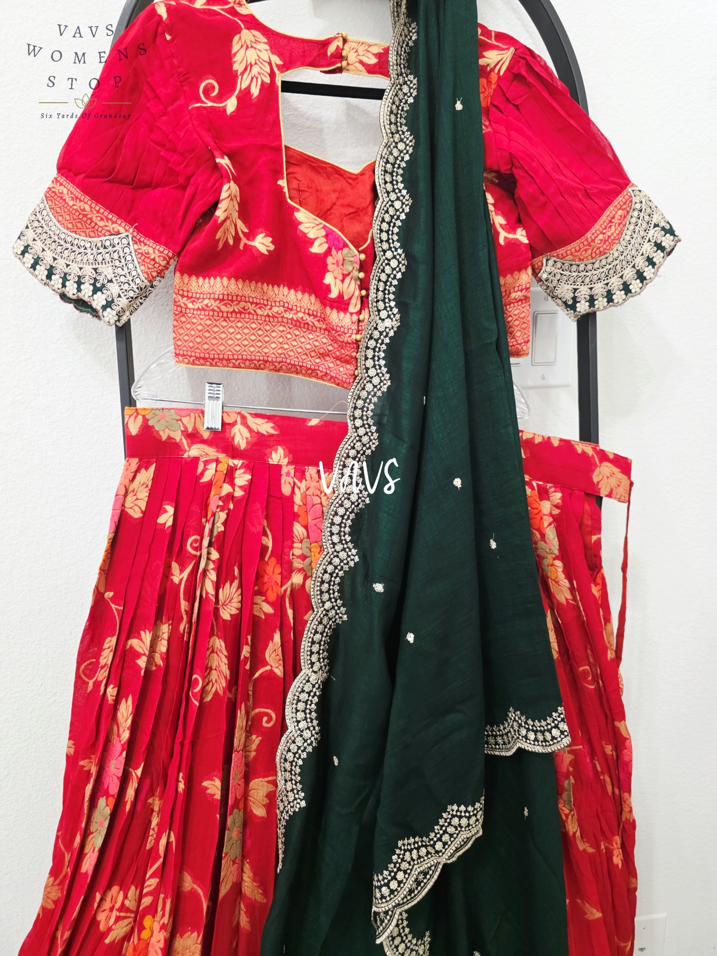 Royal Crimson Red & Emerald Black Soft Viscose Meenakari Georgette Designer Lehenga Half Saree with Chiffon Silk Dupatta & Blouse 38-44