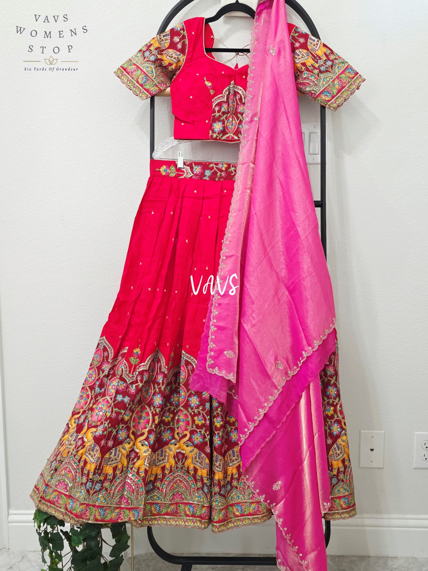 Ruby Red Soft Munga Kalamkari Elephant Embroidered Half Saree | 34-40