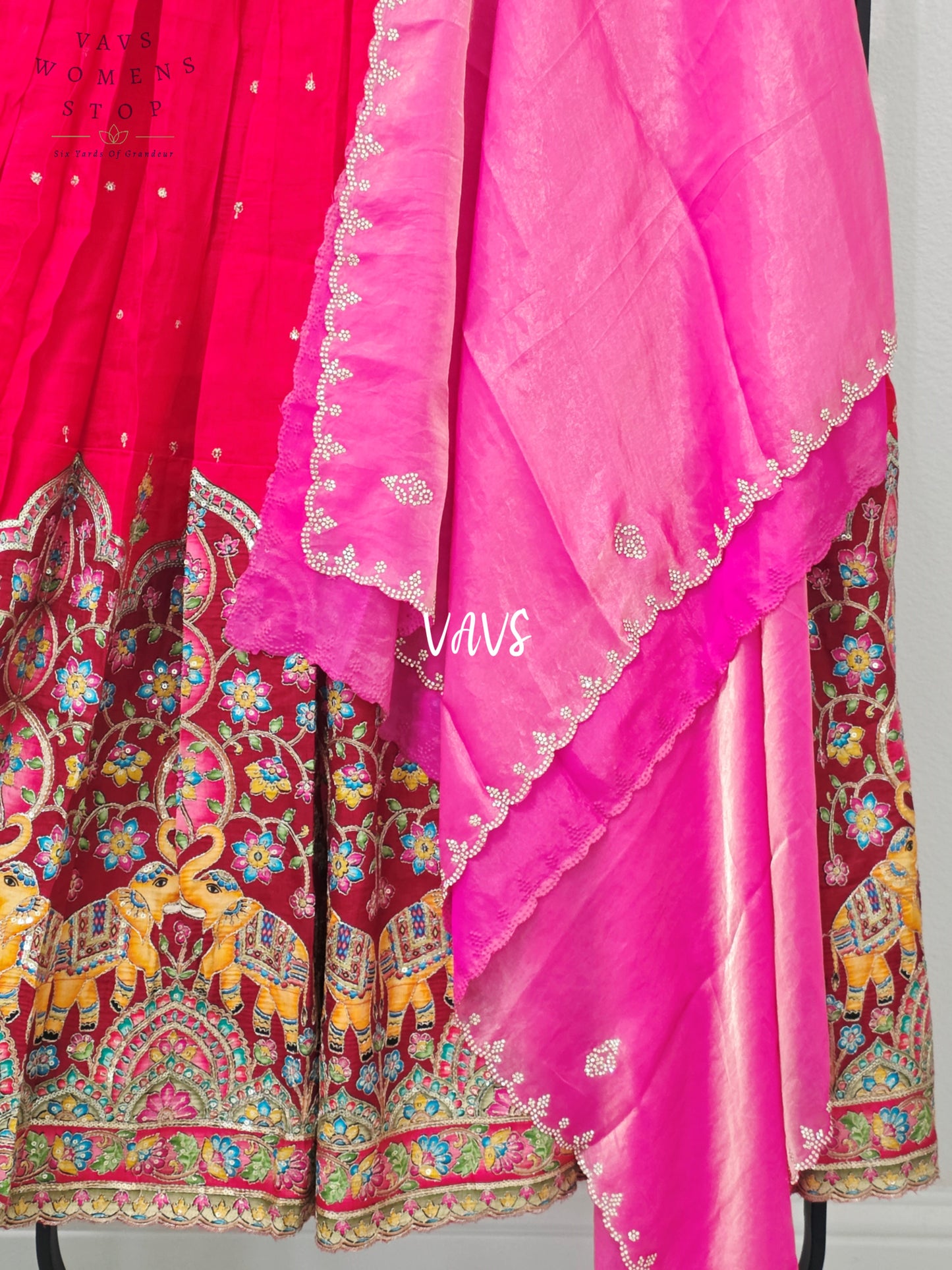 Ruby Red Soft Munga Kalamkari Elephant Embroidered Half Saree | 34-40