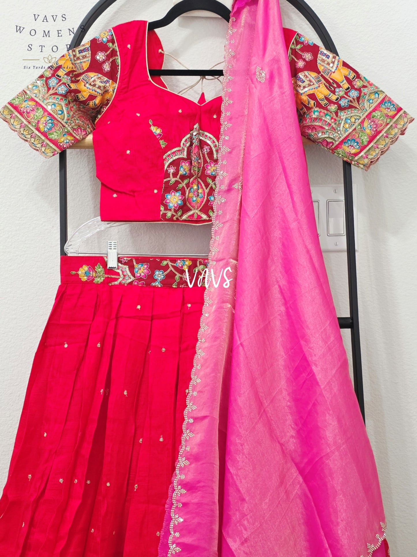 Ruby Red Soft Munga Kalamkari Elephant Embroidered Half Saree | 34-40