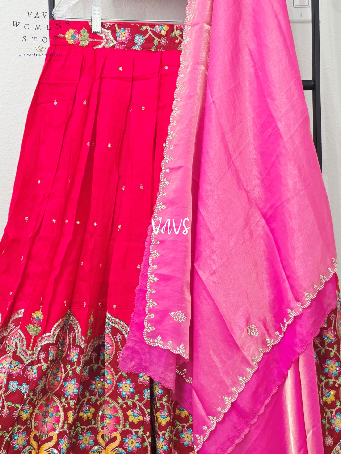 Ruby Red Soft Munga Kalamkari Elephant Embroidered Half Saree | 34-40