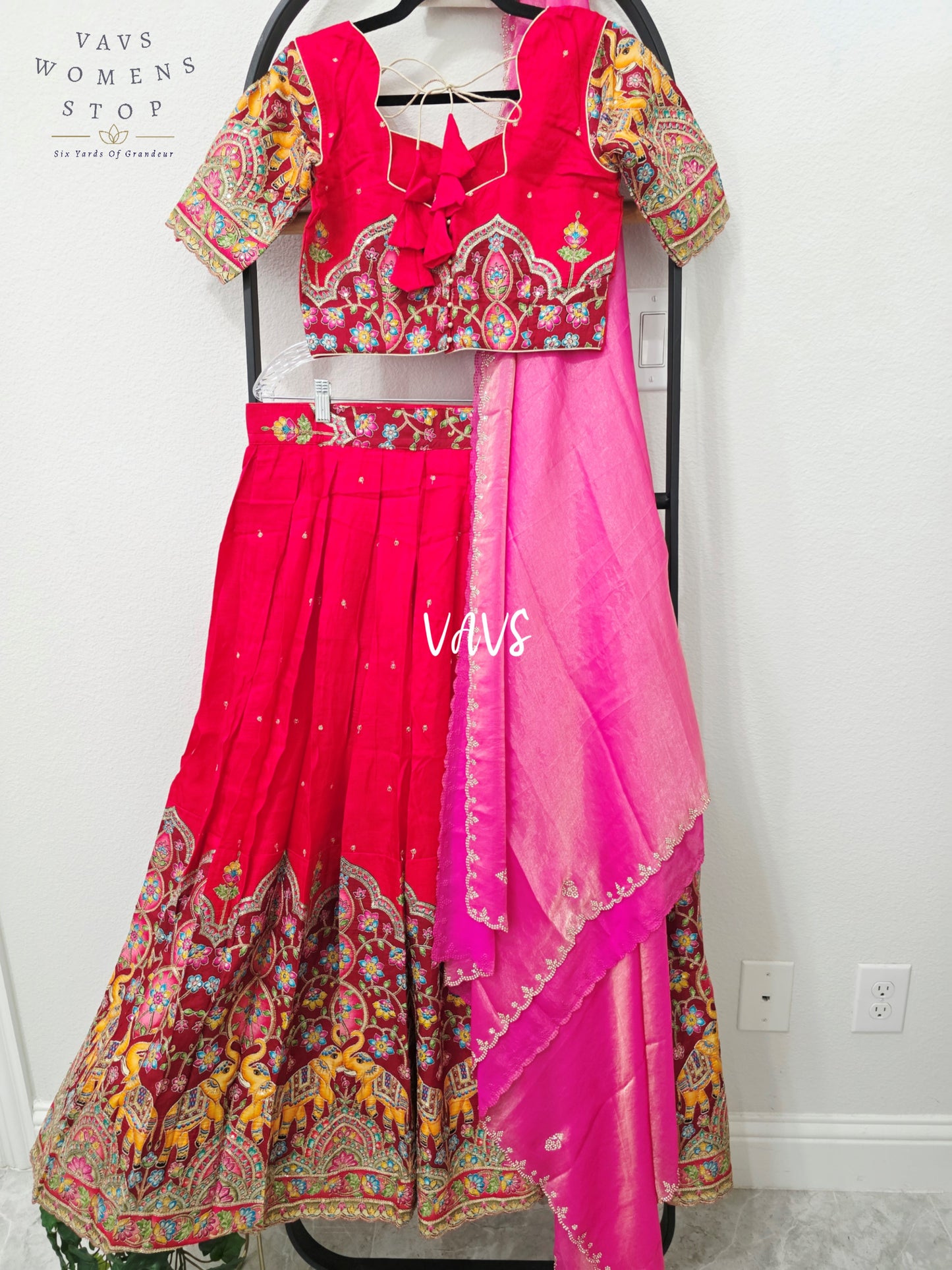 Ruby Red Soft Munga Kalamkari Elephant Embroidered Half Saree | 34-40