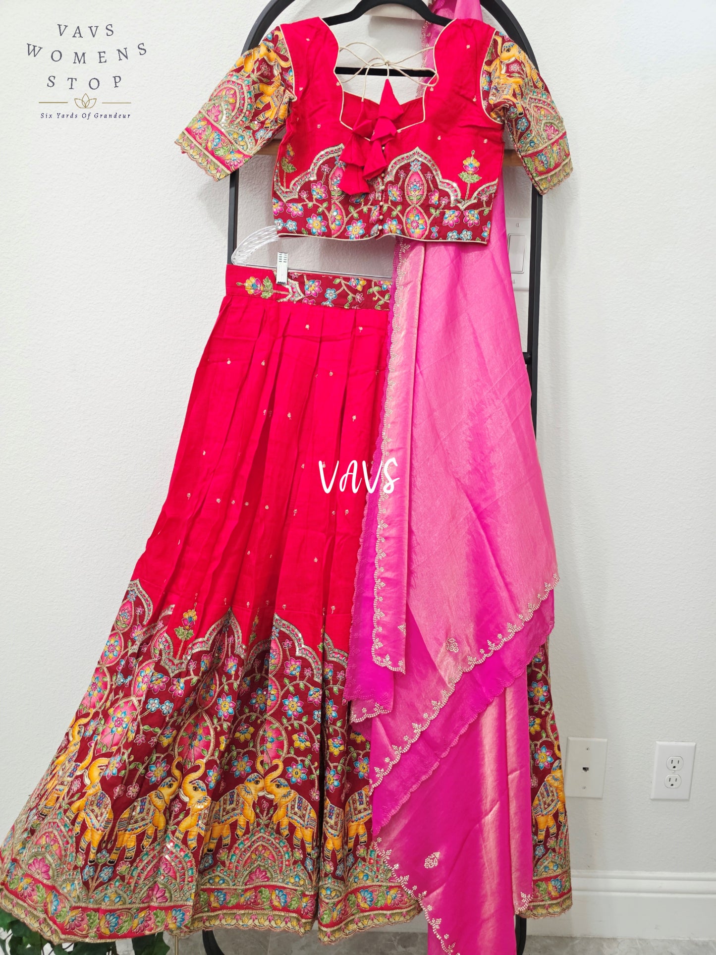 Ruby Red Soft Munga Kalamkari Elephant Embroidered Half Saree | 34-40