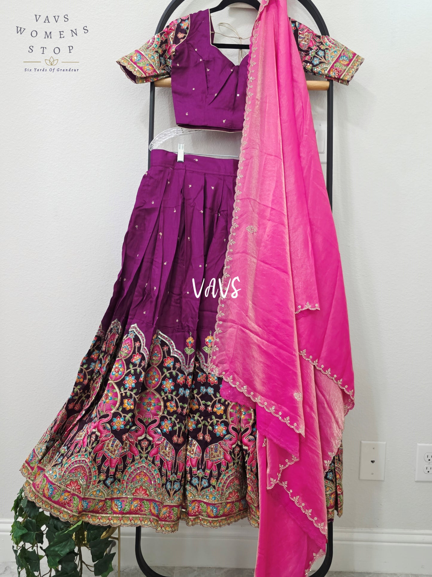 Royal Wine Soft Munga Kalamkari Embroidered Half Saree | Blouse 32-38
