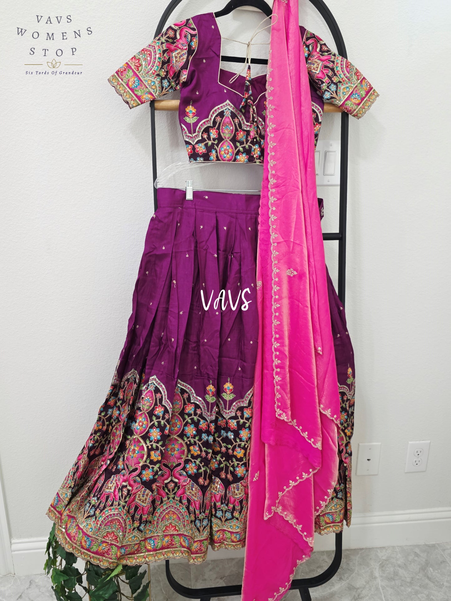 Royal Wine Soft Munga Kalamkari Embroidered Half Saree | Blouse 32-38