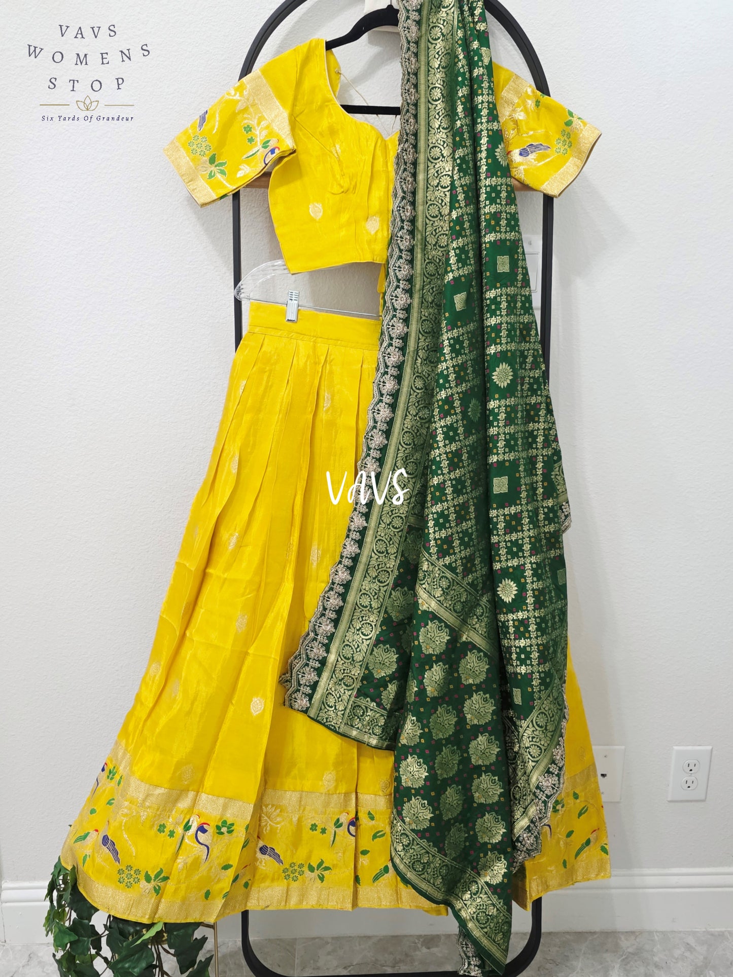 Radiant Marigold Yellow & Emerald Green Munga Tissue Crepe Silk Designer Lehenga Half Saree with Bandhani Silk Dupatta & Blouse 34-40