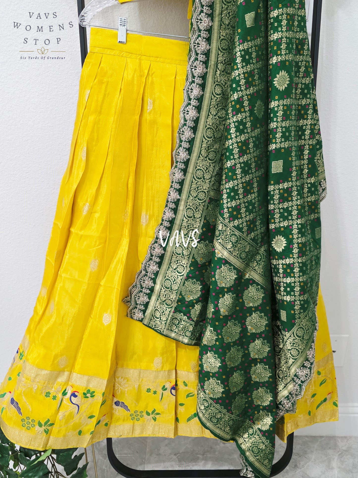 Radiant Marigold Yellow & Emerald Green Munga Tissue Crepe Silk Designer Lehenga Half Saree with Bandhani Silk Dupatta & Blouse 34-40