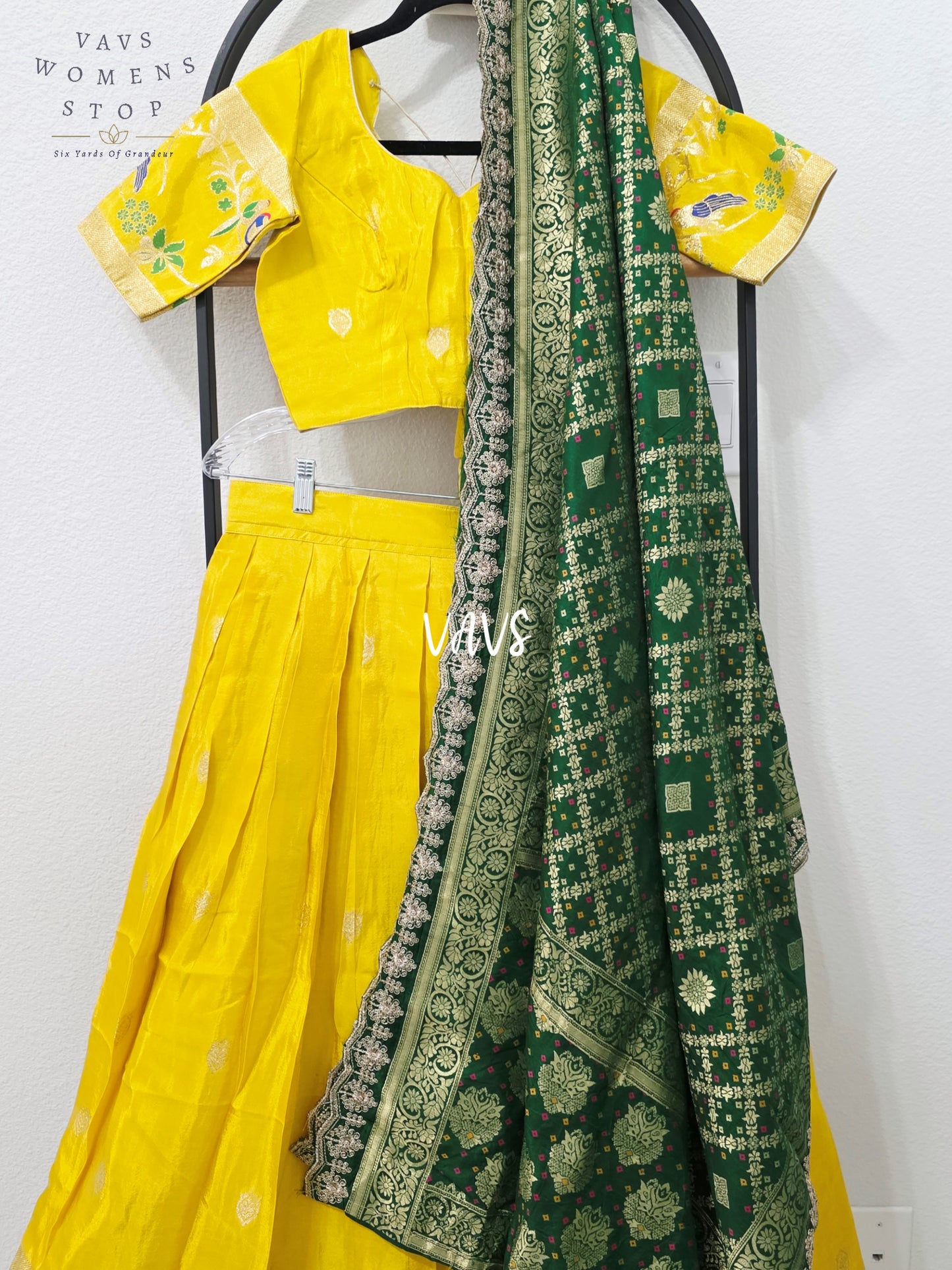 Radiant Marigold Yellow & Emerald Green Munga Tissue Crepe Silk Designer Lehenga Half Saree with Bandhani Silk Dupatta & Blouse 34-40