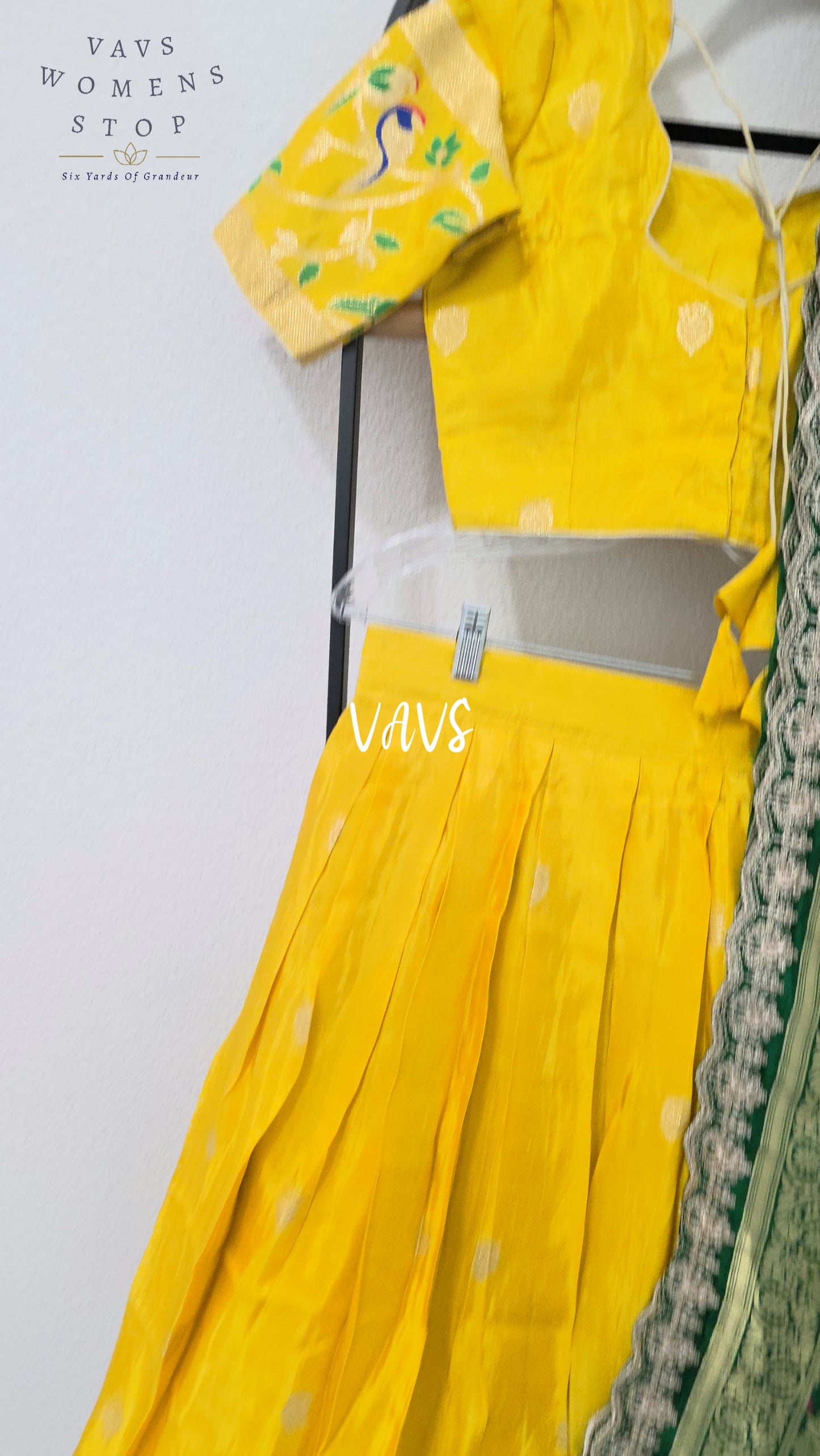Radiant Marigold Yellow & Emerald Green Munga Tissue Crepe Silk Designer Lehenga Half Saree with Bandhani Silk Dupatta & Blouse 34-40