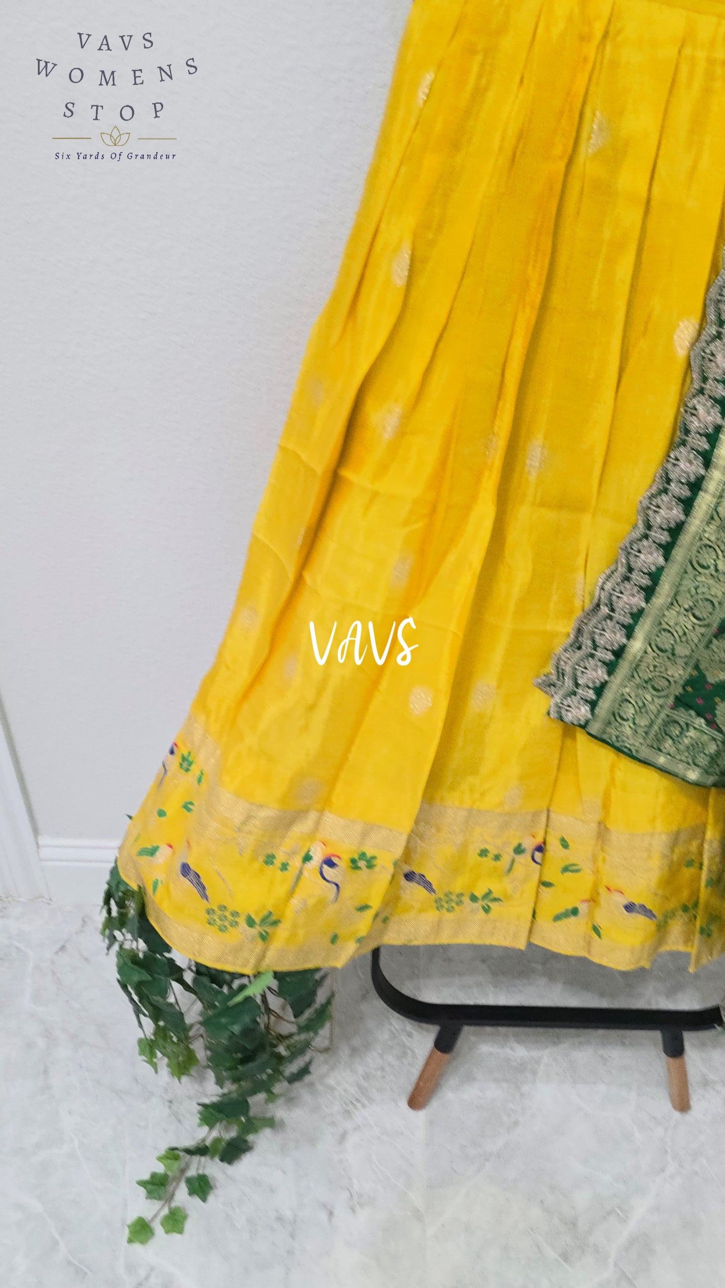 Radiant Marigold Yellow & Emerald Green Munga Tissue Crepe Silk Designer Lehenga Half Saree with Bandhani Silk Dupatta & Blouse 34-40