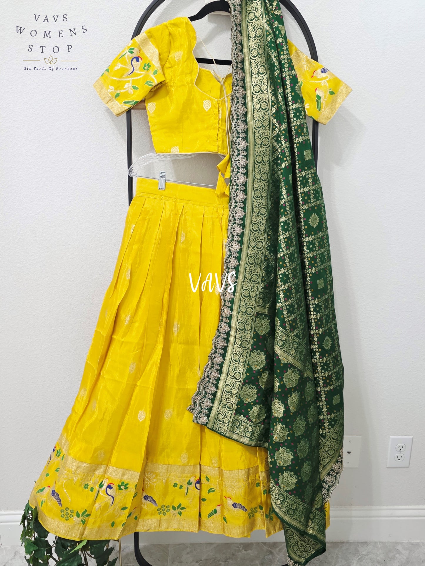 Radiant Marigold Yellow & Emerald Green Munga Tissue Crepe Silk Designer Lehenga Half Saree with Bandhani Silk Dupatta & Blouse 34-40