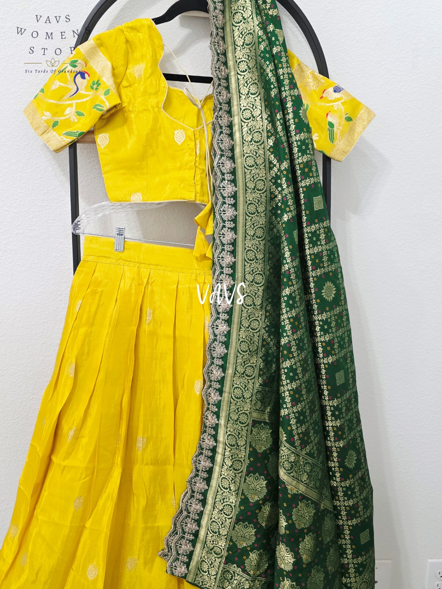 Radiant Marigold Yellow & Emerald Green Munga Tissue Crepe Silk Designer Lehenga Half Saree with Bandhani Silk Dupatta & Blouse 34-40