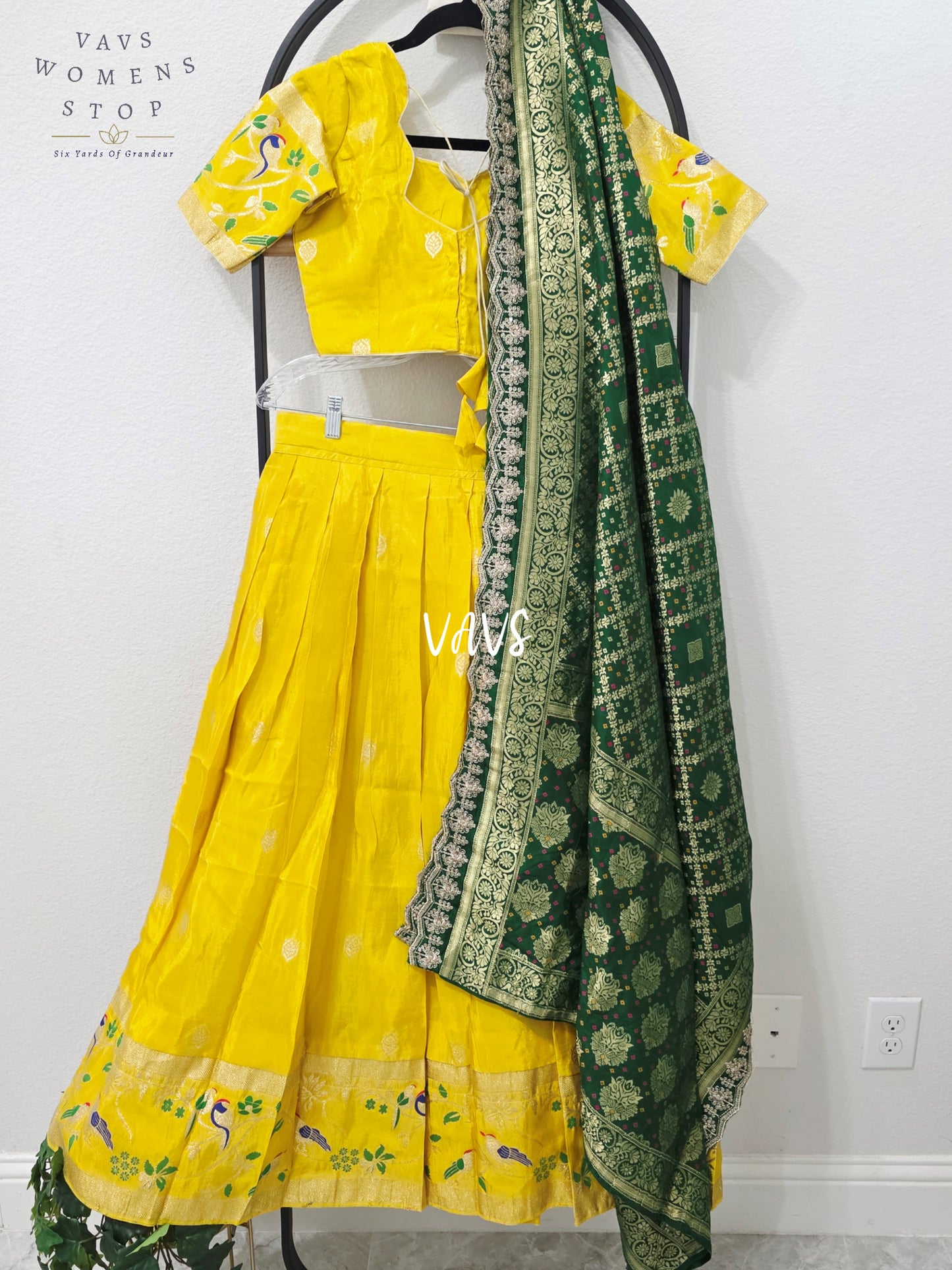 Radiant Marigold Yellow & Emerald Green Munga Tissue Crepe Silk Designer Lehenga Half Saree with Bandhani Silk Dupatta & Blouse 34-40