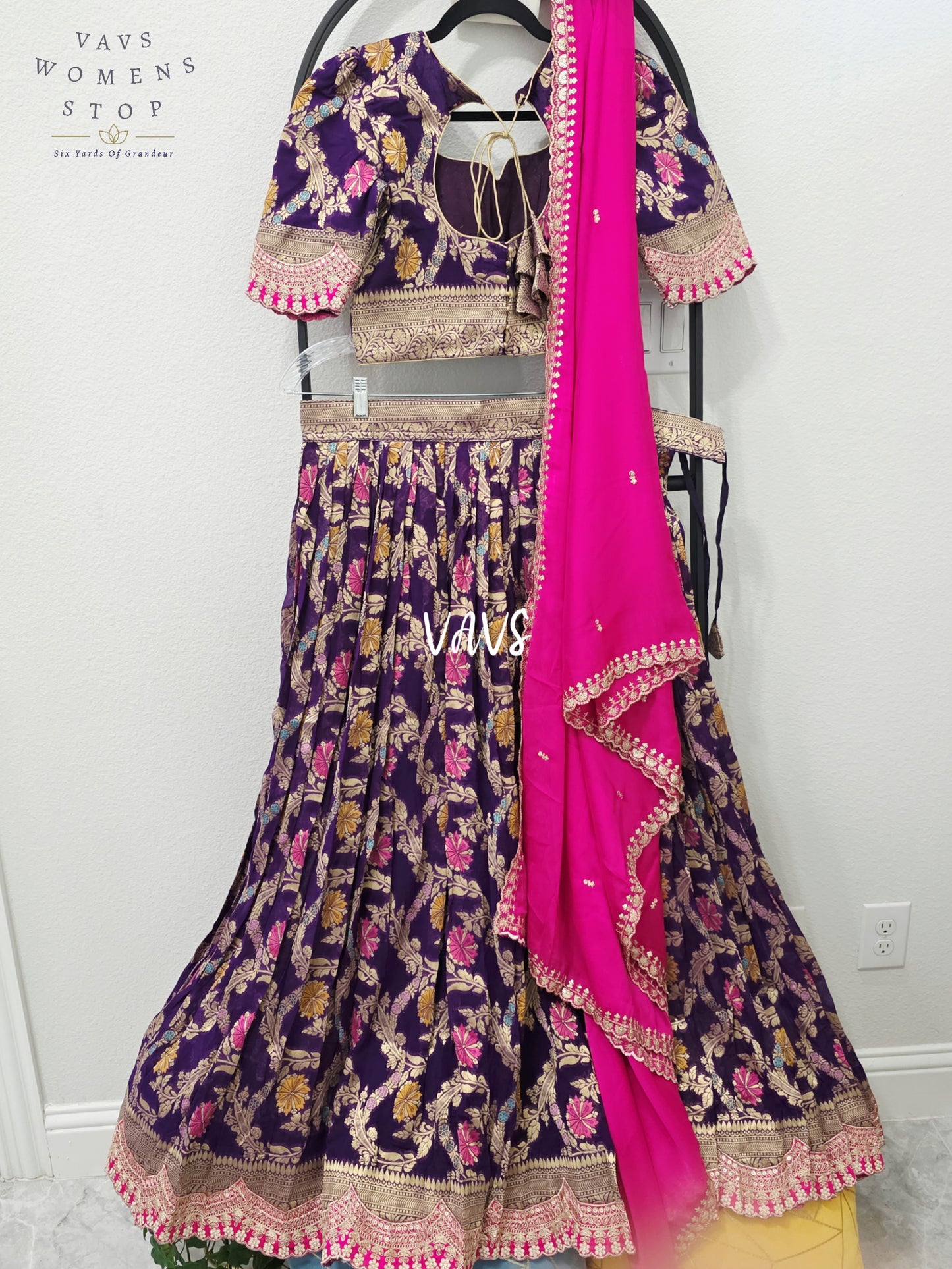 Royal Aubergine Purple & Rani Pink Soft Viscose Meenakari Georgette Designer Lehenga Half Saree with Chiffon Silk Dupatta & Blouse 36-42