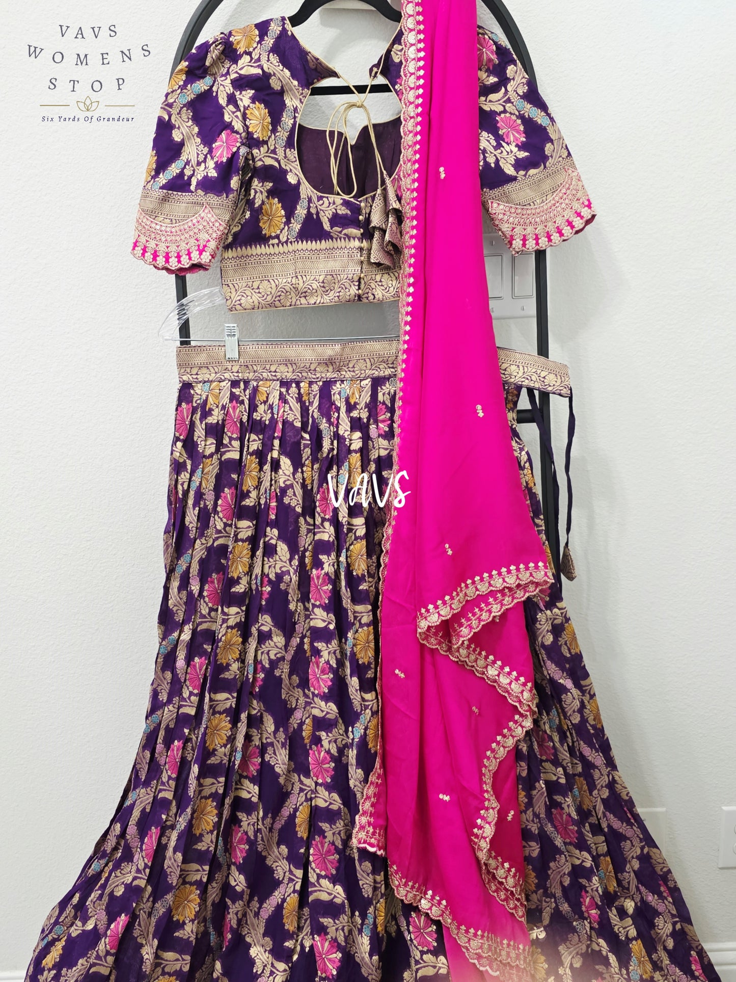 Royal Aubergine Purple & Rani Pink Soft Viscose Meenakari Georgette Designer Lehenga Half Saree with Chiffon Silk Dupatta & Blouse 36-42