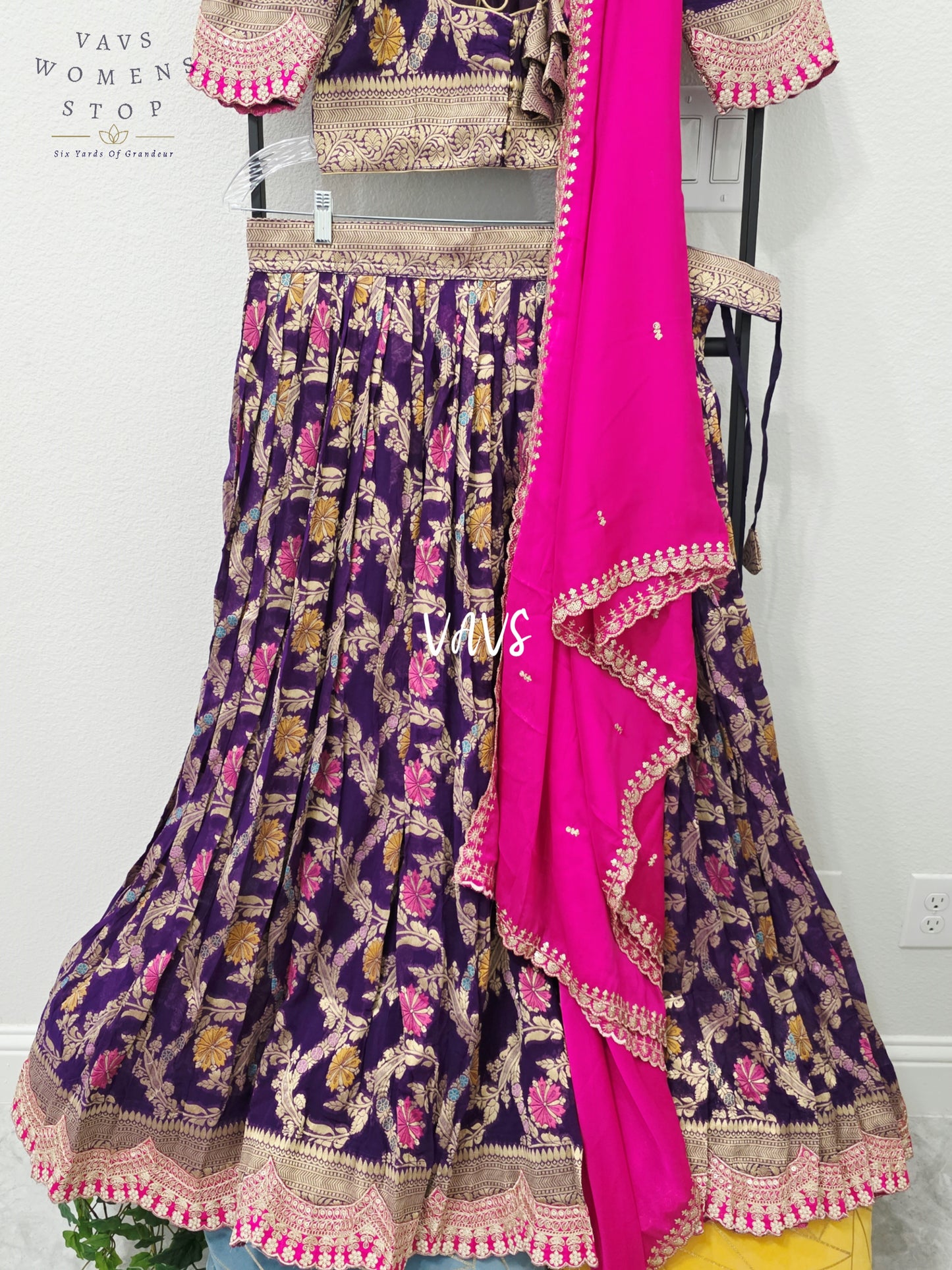 Royal Aubergine Purple & Rani Pink Soft Viscose Meenakari Georgette Designer Lehenga Half Saree with Chiffon Silk Dupatta & Blouse 36-42