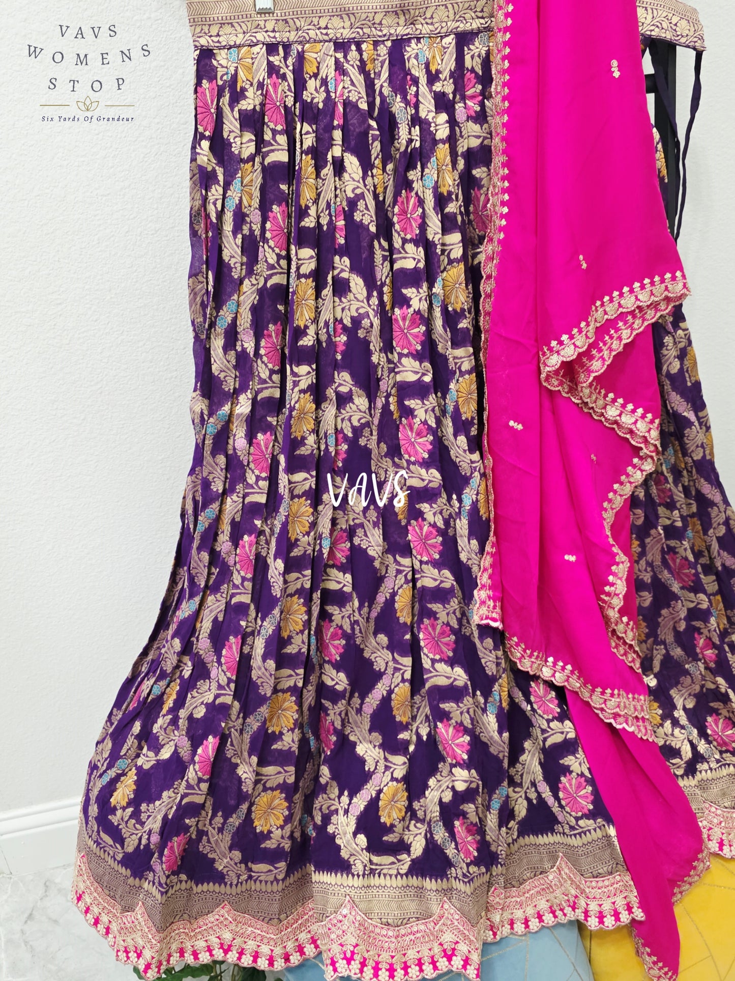 Royal Aubergine Purple & Rani Pink Soft Viscose Meenakari Georgette Designer Lehenga Half Saree with Chiffon Silk Dupatta & Blouse 36-42