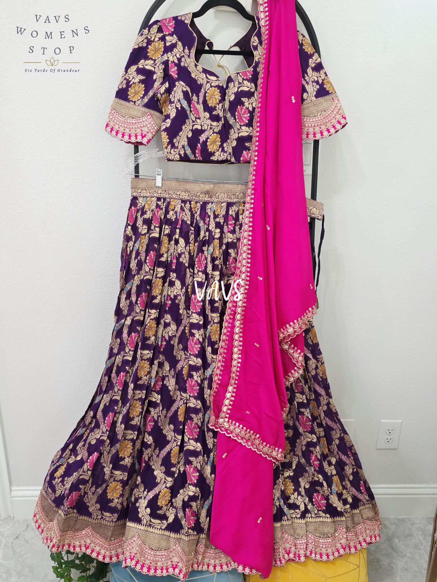 Royal Aubergine Purple & Rani Pink Soft Viscose Meenakari Georgette Designer Lehenga Half Saree with Chiffon Silk Dupatta & Blouse 36-42