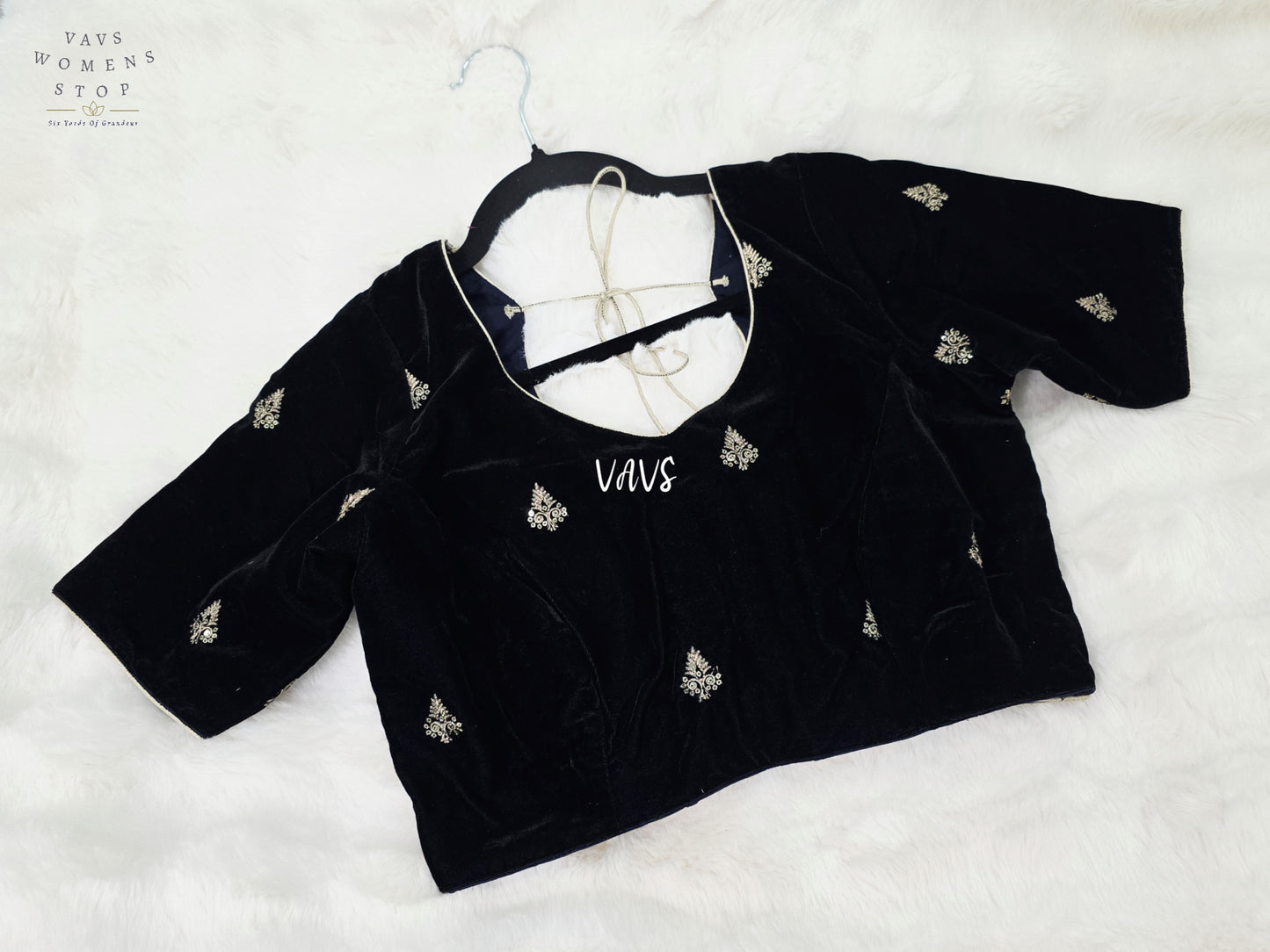 Midnight Navy Blue Velvet Embroidered Saree Blouse | Size 38–44