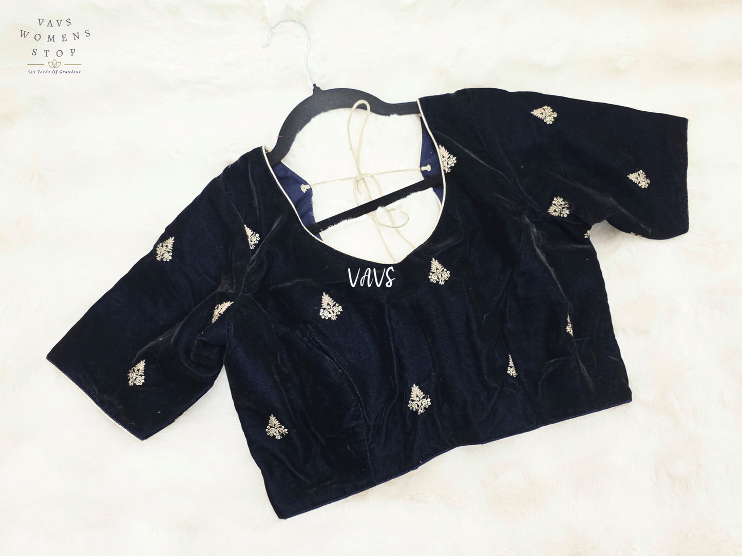 Midnight Navy Blue Velvet Embroidered Saree Blouse | Size 38–44