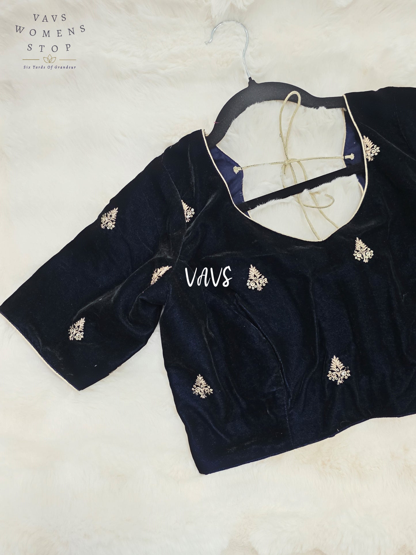 Midnight Navy Blue Velvet Embroidered Saree Blouse | Size 38–44