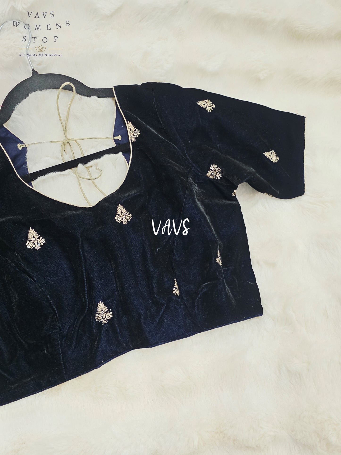 Midnight Navy Blue Velvet Embroidered Saree Blouse | Size 38–44