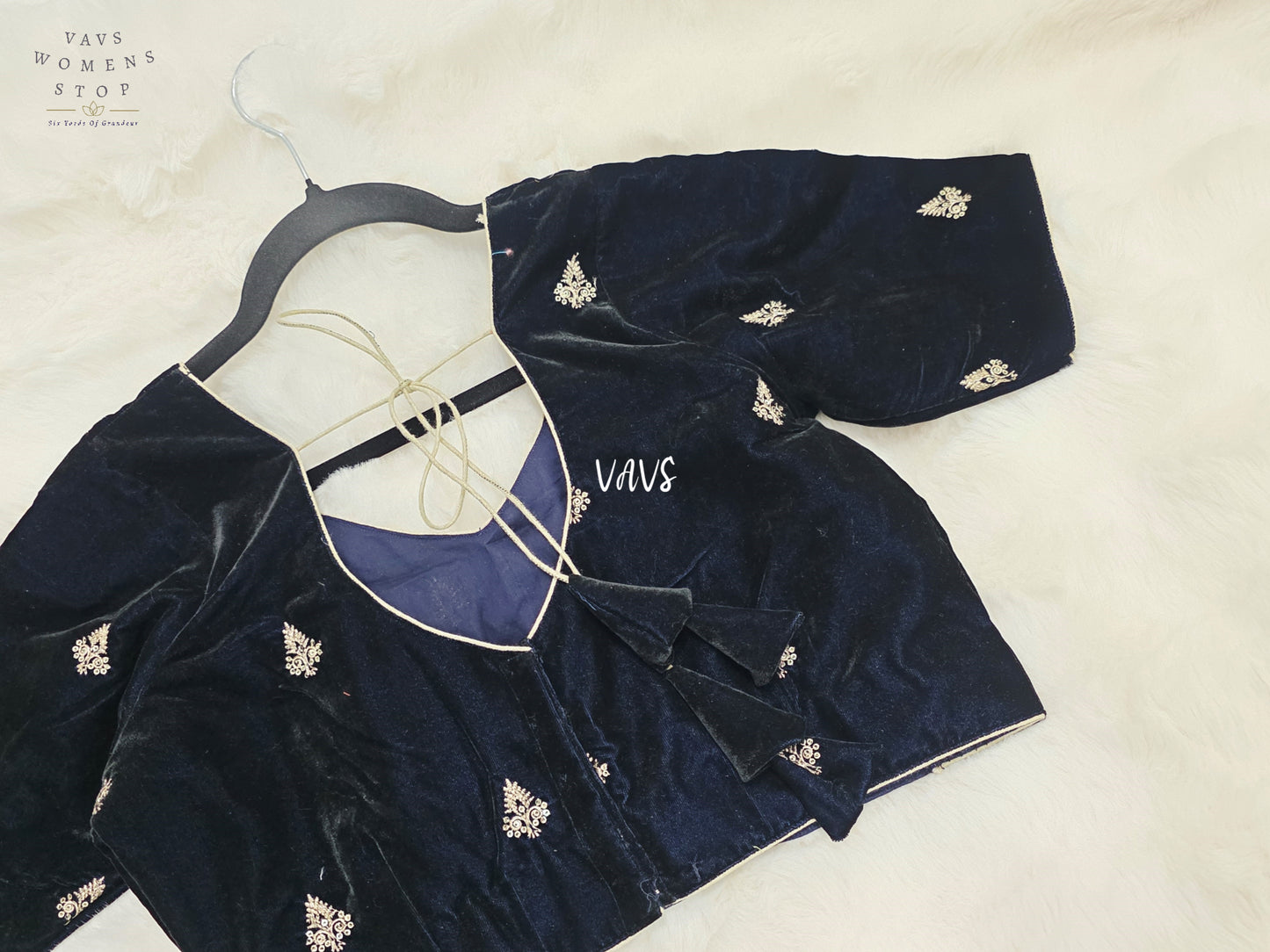 Midnight Navy Blue Velvet Embroidered Saree Blouse | Size 38–44