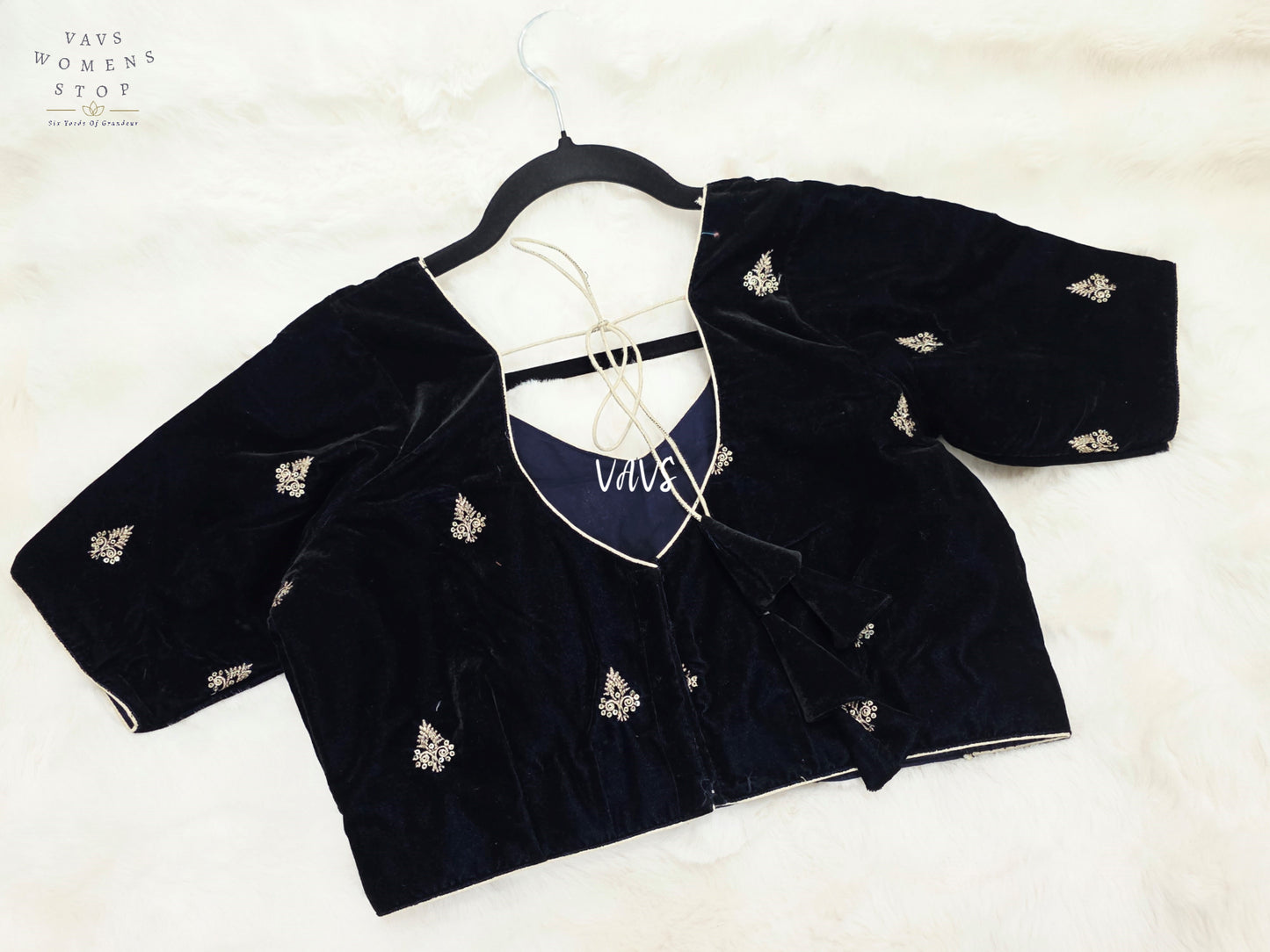 Midnight Navy Blue Velvet Embroidered Saree Blouse | Size 38–44