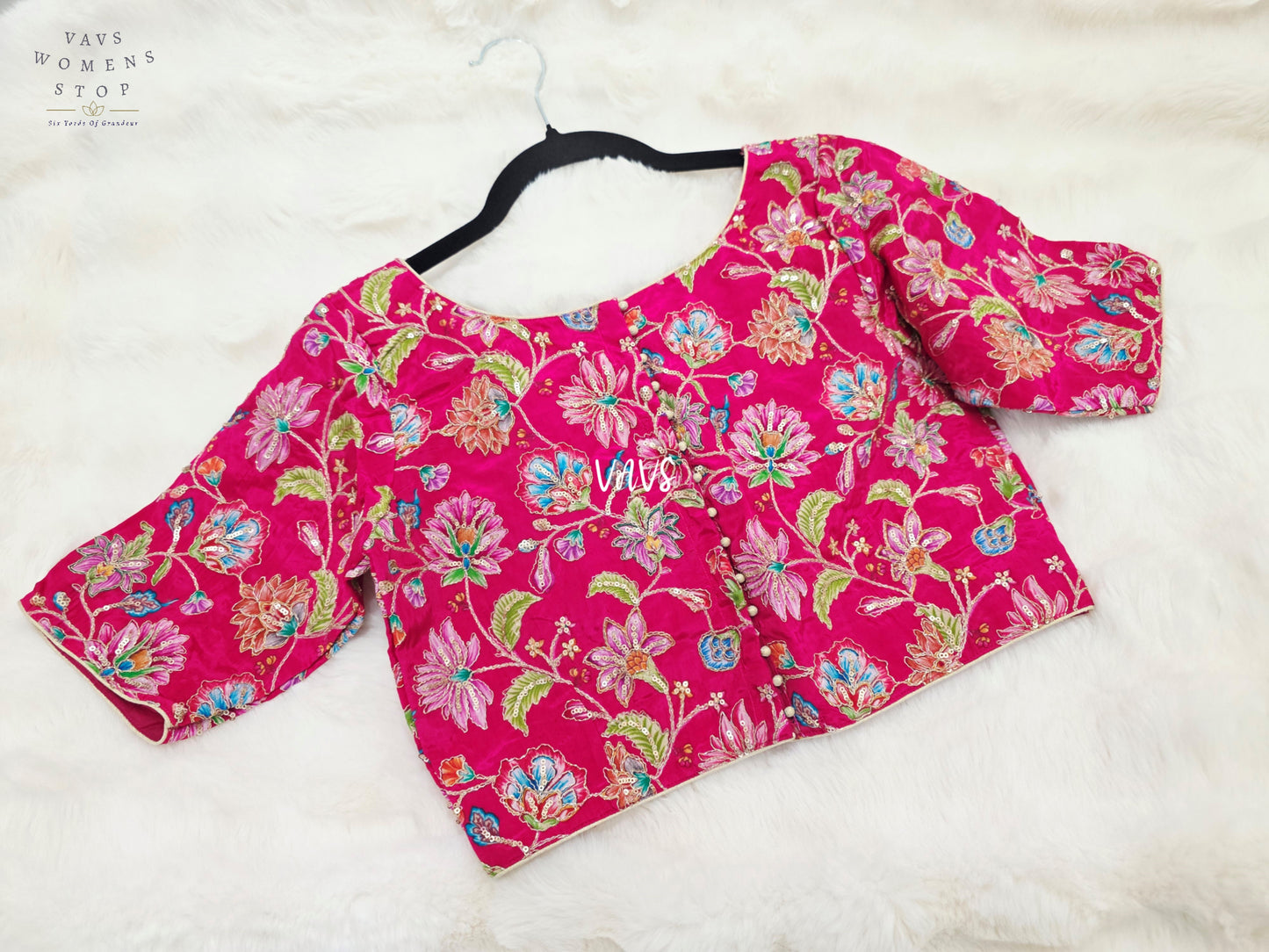 Rani Pink Crepe Silk Kalamkari Floral Embroidered Blouse | Size 36–42