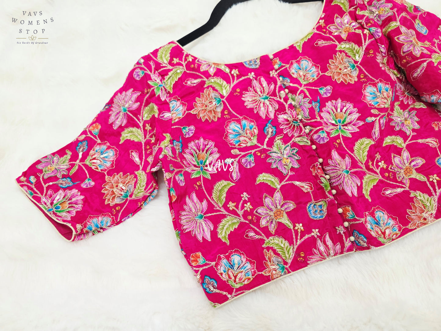 Rani Pink Crepe Silk Kalamkari Floral Embroidered Blouse | Size 36–42