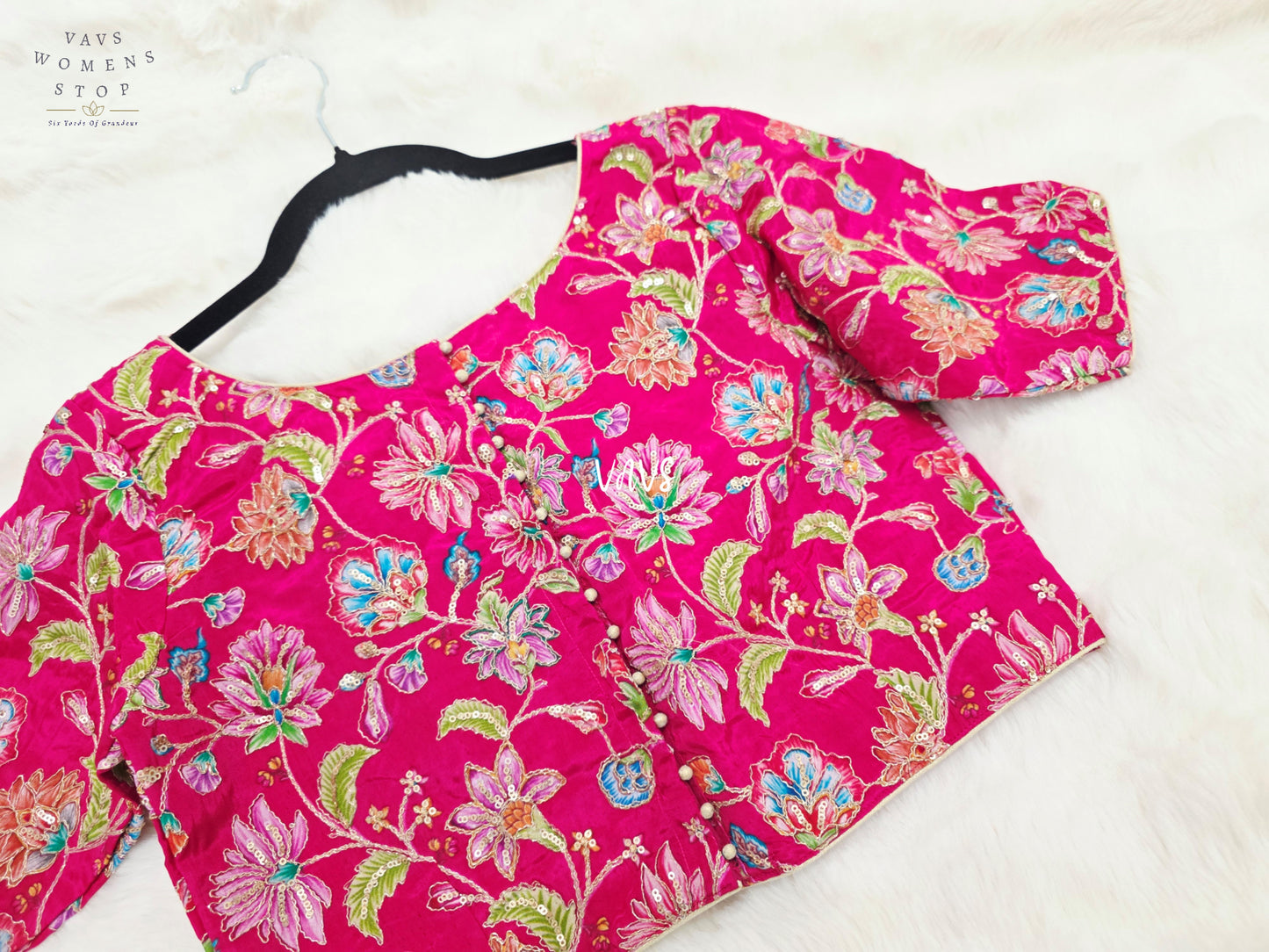 Rani Pink Crepe Silk Kalamkari Floral Embroidered Blouse | Size 36–42