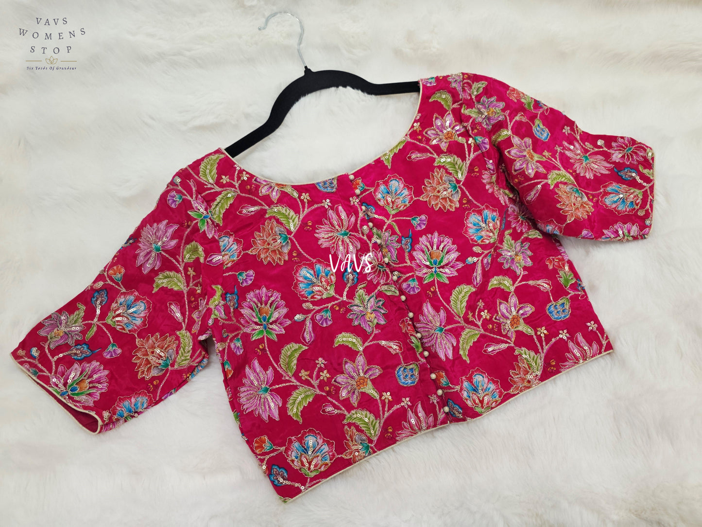 Rani Pink Crepe Silk Kalamkari Floral Embroidered Blouse | Size 36–42