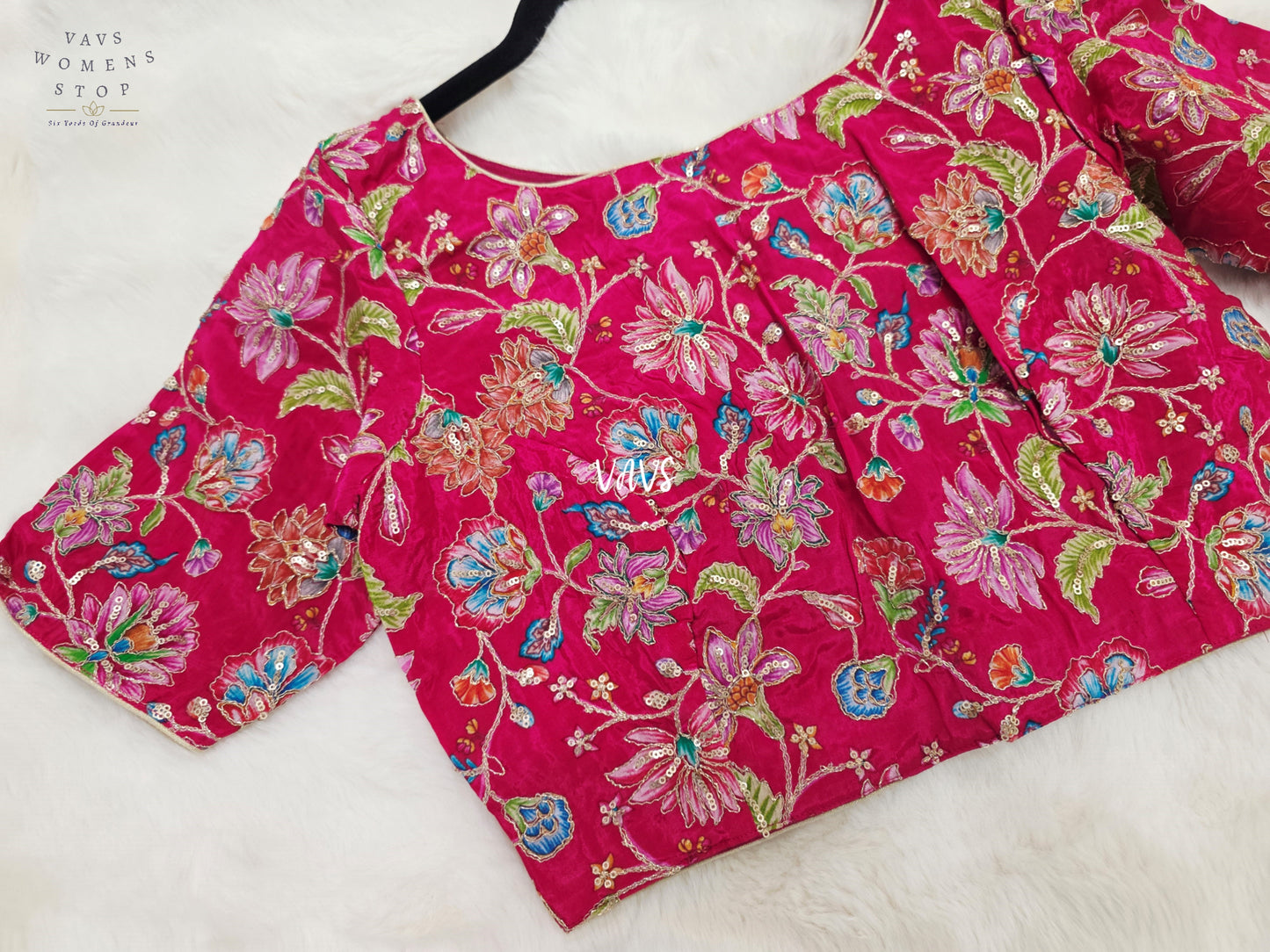 Rani Pink Crepe Silk Kalamkari Floral Embroidered Blouse | Size 36–42