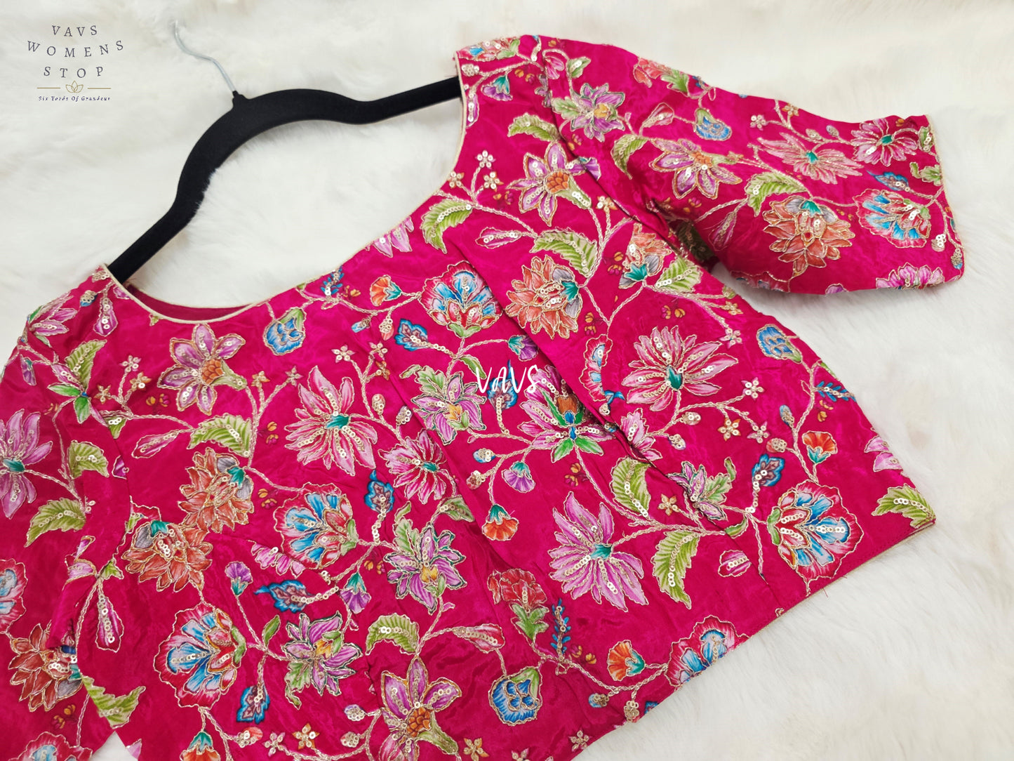 Rani Pink Crepe Silk Kalamkari Floral Embroidered Blouse | Size 36–42