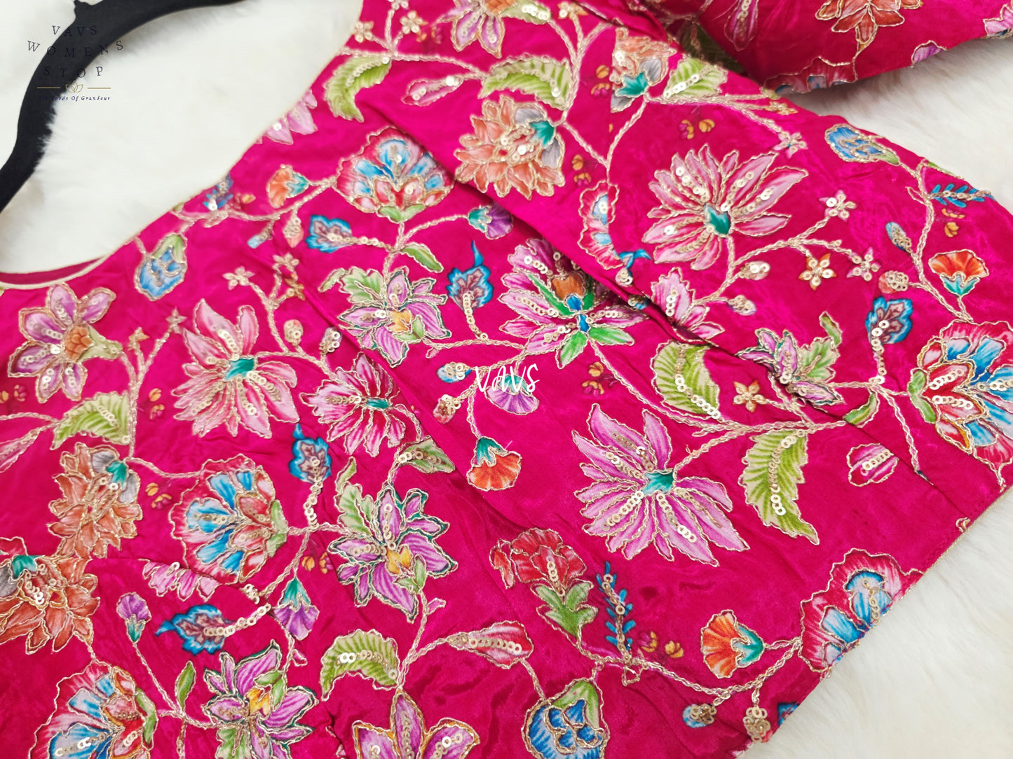 Rani Pink Crepe Silk Kalamkari Floral Embroidered Blouse | Size 36–42