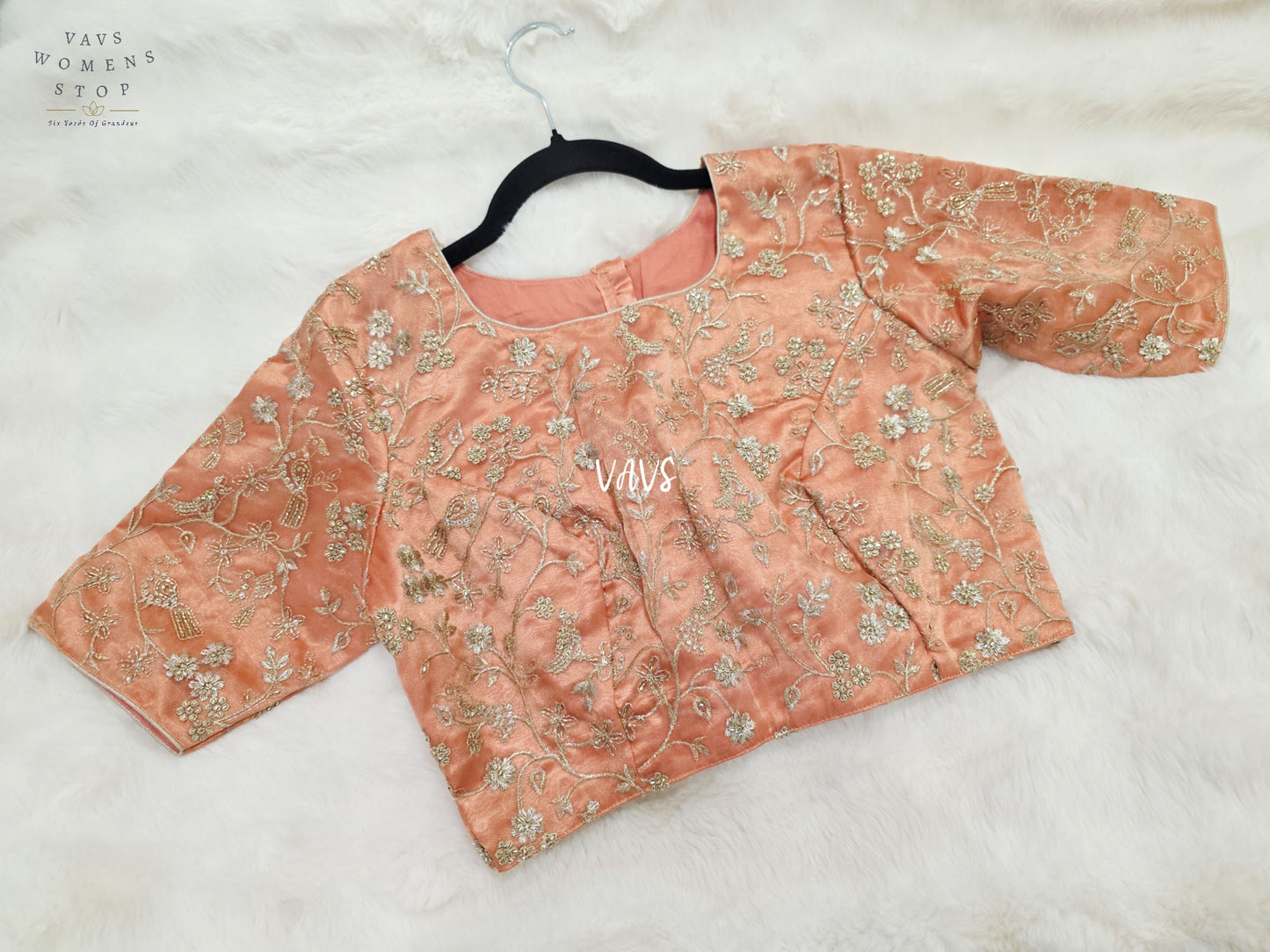 Peach Champagne Tissue All-Over Embroidered Partywear Blouse | Size 36–42