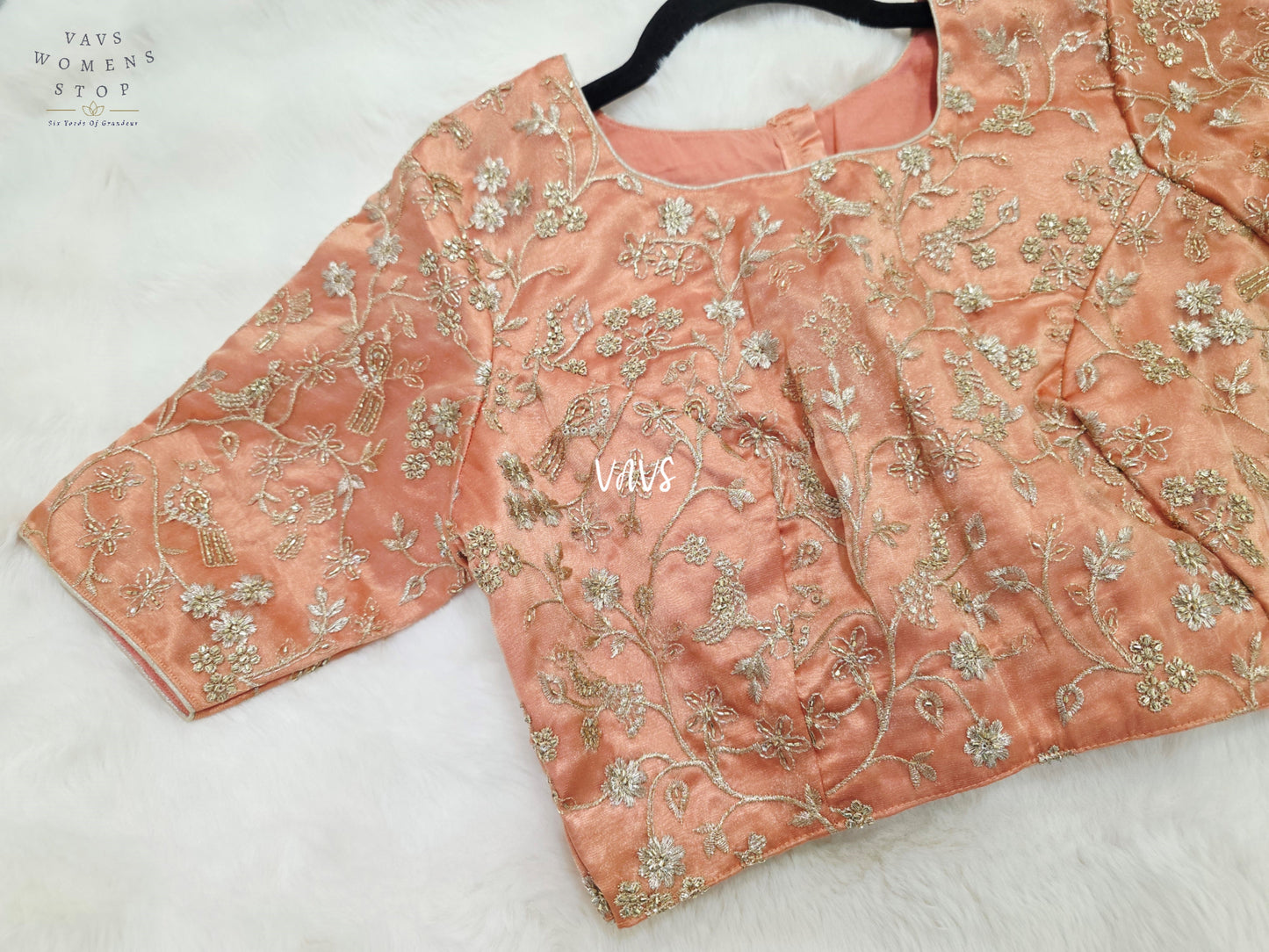 Peach Champagne Tissue All-Over Embroidered Partywear Blouse | Size 36–42