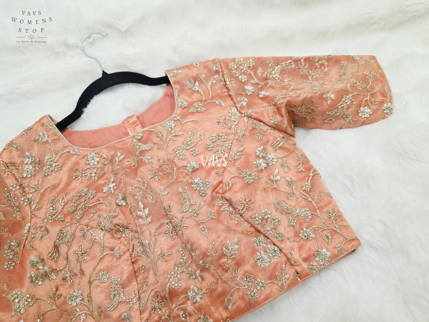 Peach Champagne Tissue All-Over Embroidered Partywear Blouse | Size 36–42